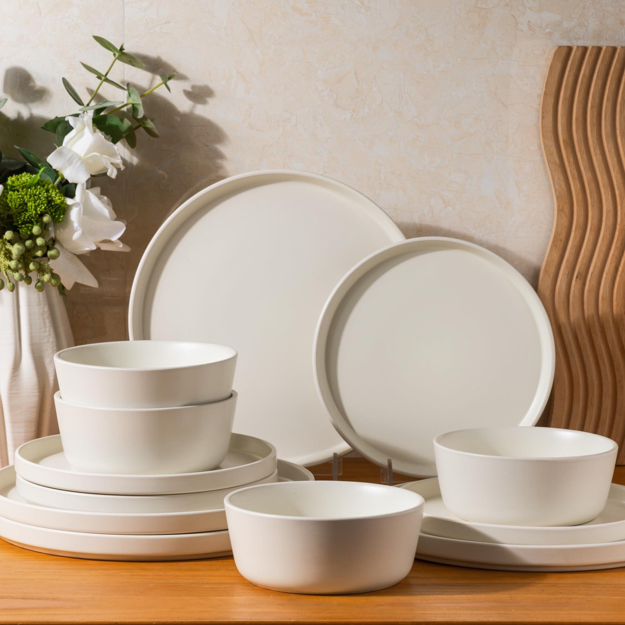 AmorArc AmorArc Ceramic Dinnerware Sets of 4, Modern Flat Stoneware Plates and Bowls Sets,Chip and Crack Resistant | Dishwasher & Microwave Safe Dishes Set,Scratch Resistant- Service for 4 (12pc)-Matte Cream