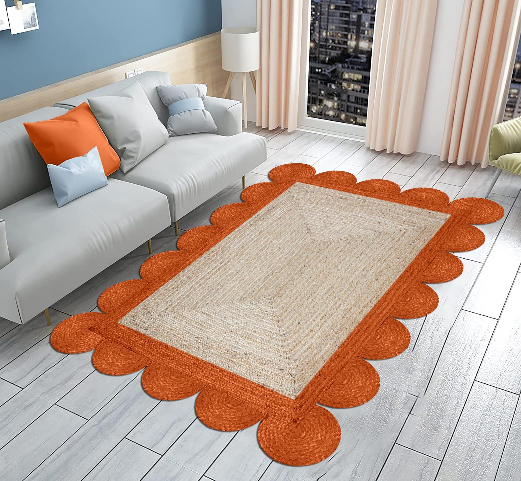 CASAVANI CASAVANI Scalloped Edge Rug, Braided Natural Jute Fiber Area Rug, 9x9 Ft Square Beige & Orange Woven Kilim Rug for High Traffic Area Living Room, Kitchen, Entryway, Farmhouse