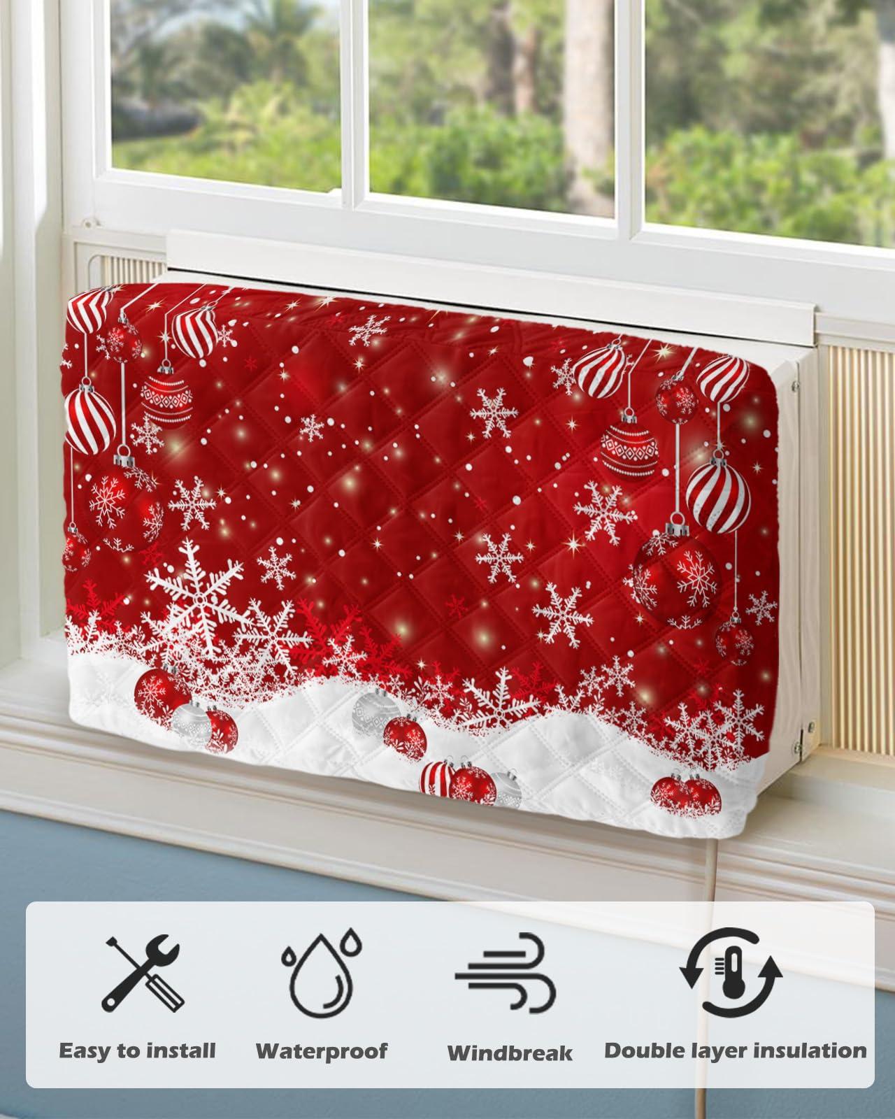 Falaniique Christmas Balls Indoor Air Conditioner Cover for Window Units, Double Insulation Adjustable Waterproof Indoor AC Cover with Elastic Straps Red Xmas Winter Snowflake 25'' x 18'' x 3.5''