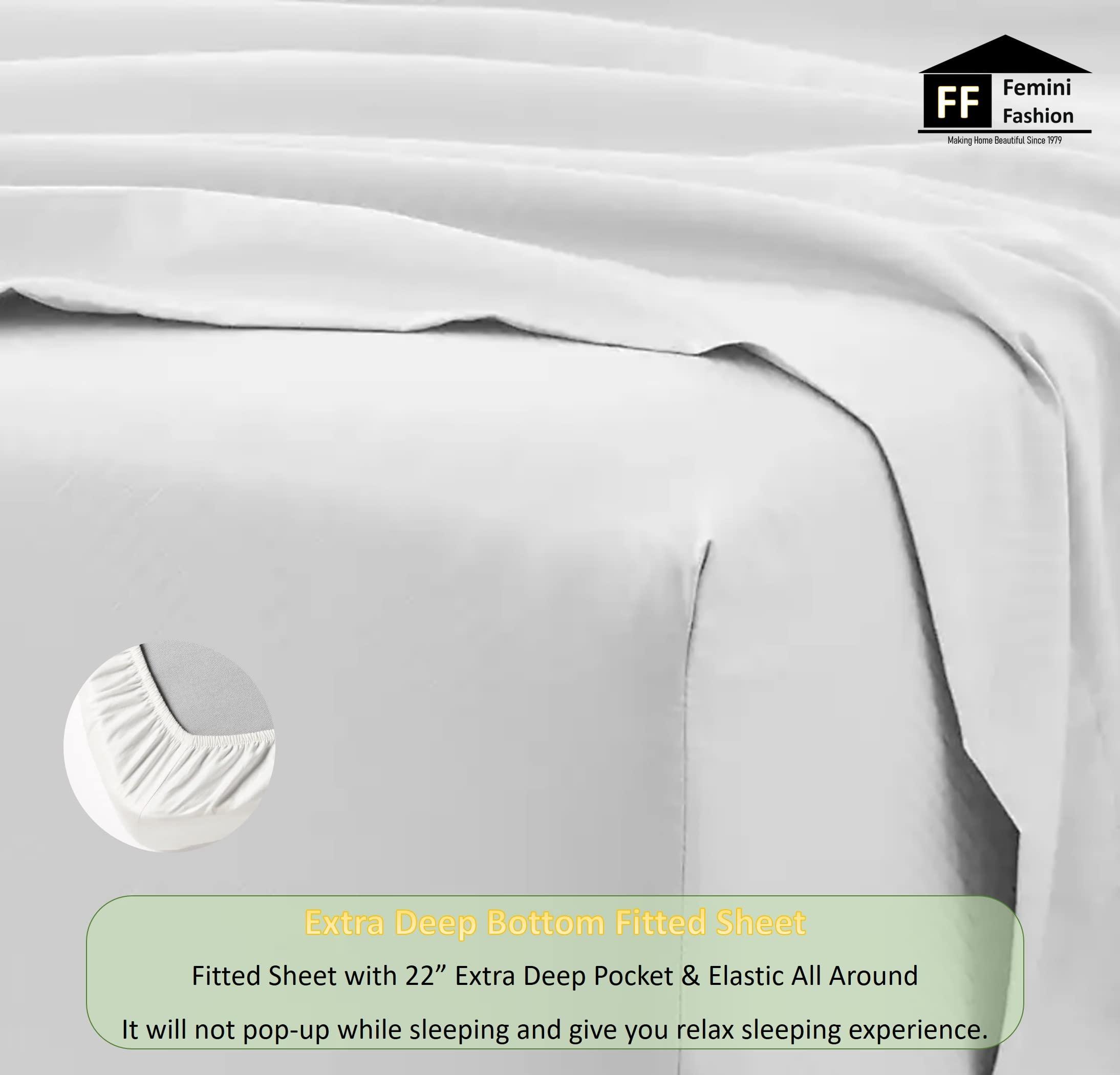 Femini Fashion Extra Deep Pockets 1000 Thread Count 100% Organic GOTS Certified Cotton, 22-Inch Deep-Pocket, 4-Piece Bed Sheet Set (1 Flat Sheet, 1 Fitted Sheet, 2 Pillow Covers) - Twin-XL, White