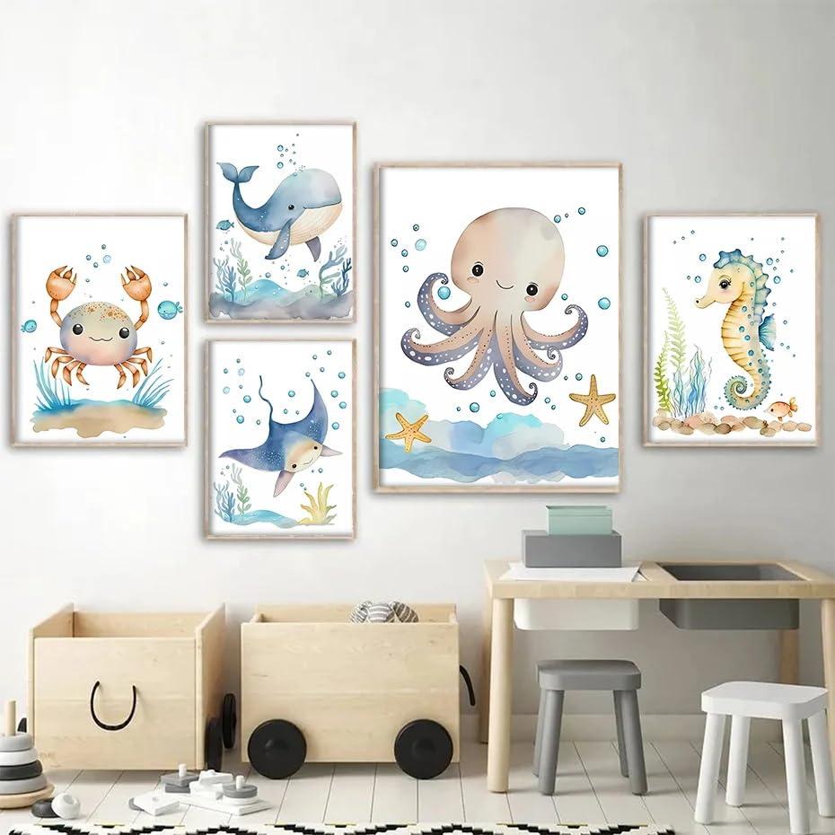 Sfwarmart Sfwarmart Cartoon Ocean Animals Whale Seahorse Turtle Nursery Wall Art Canvas Painting Poster And Prints Wall Picture Baby Kids Room Decor 8x10Inchx6pcs Unframed