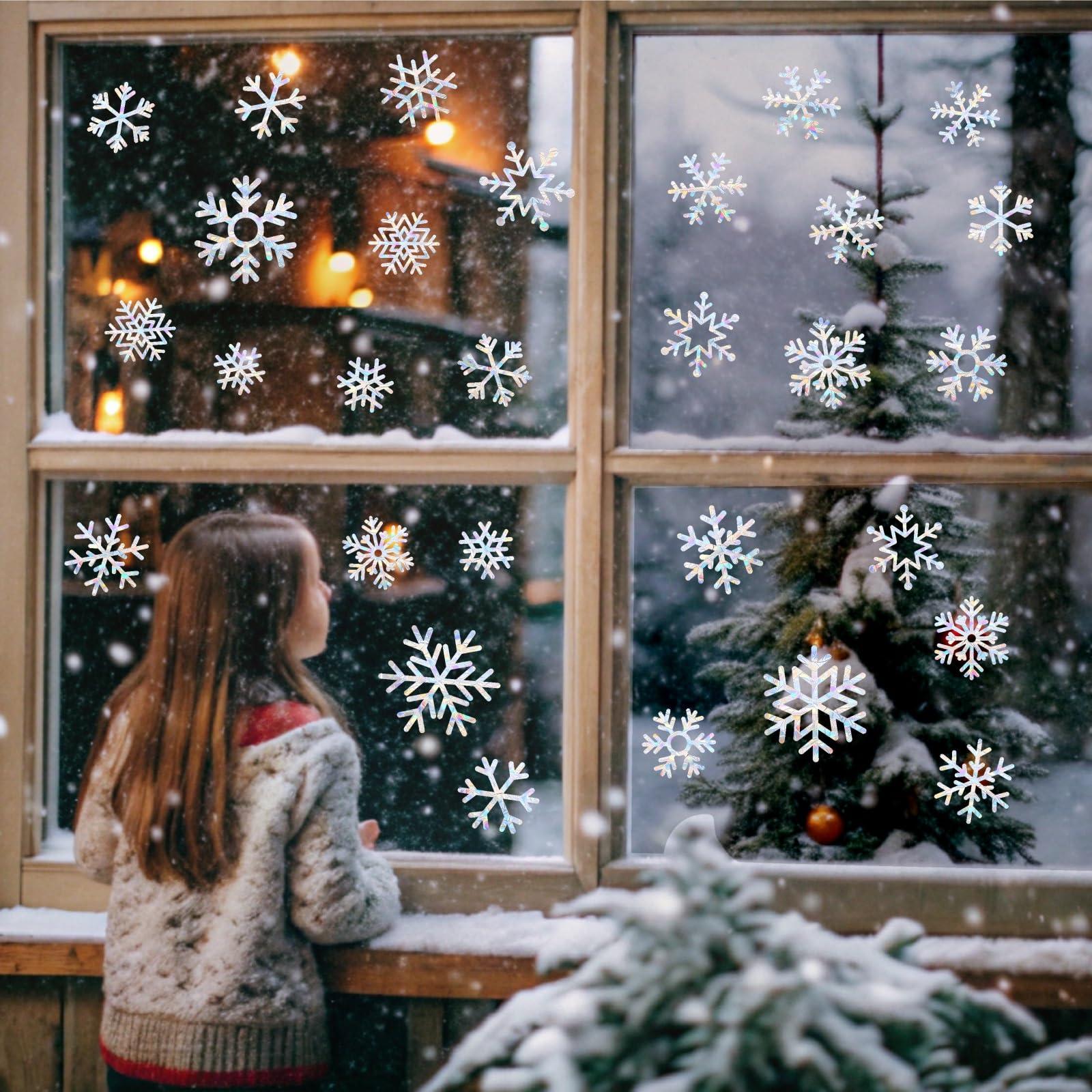 Barri Design Christmas Snowflake Window Clings for Glass Windows Static Cling Snow Window Decals Anti-Collision Winter Window Stickers for Bird Strikes Vinyl Stickers Suncatcher Rainbow Stickers