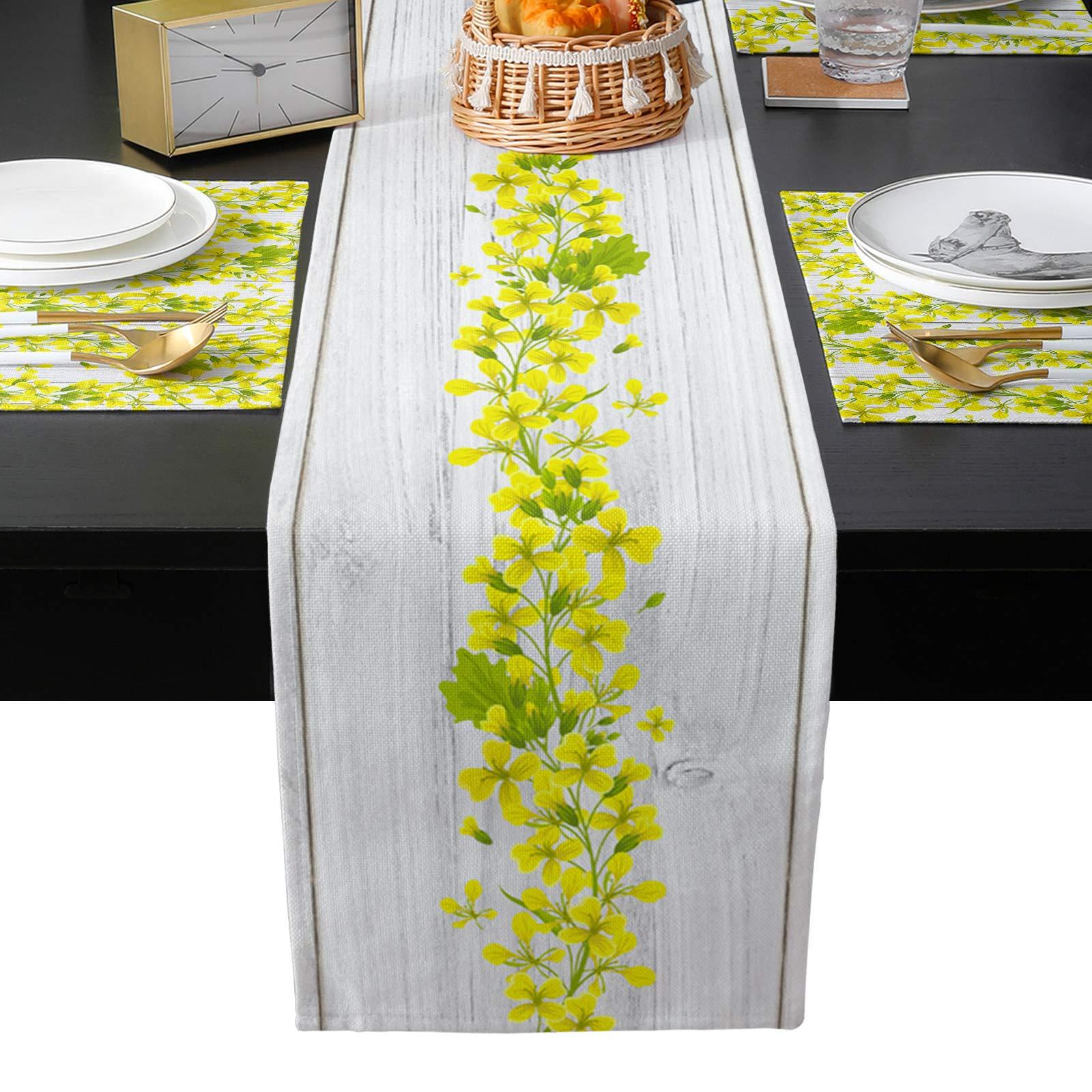 Falaniique Wood Grain Spring Farm Yellow Flower Filling Placemat with Matching Table Runner Cotton Linen Burlap Table Top Set Coffee Mat,(2PCS Place Mats + 13\"x70\" Runner) for Kitchen Dinner Party Wedding Decor