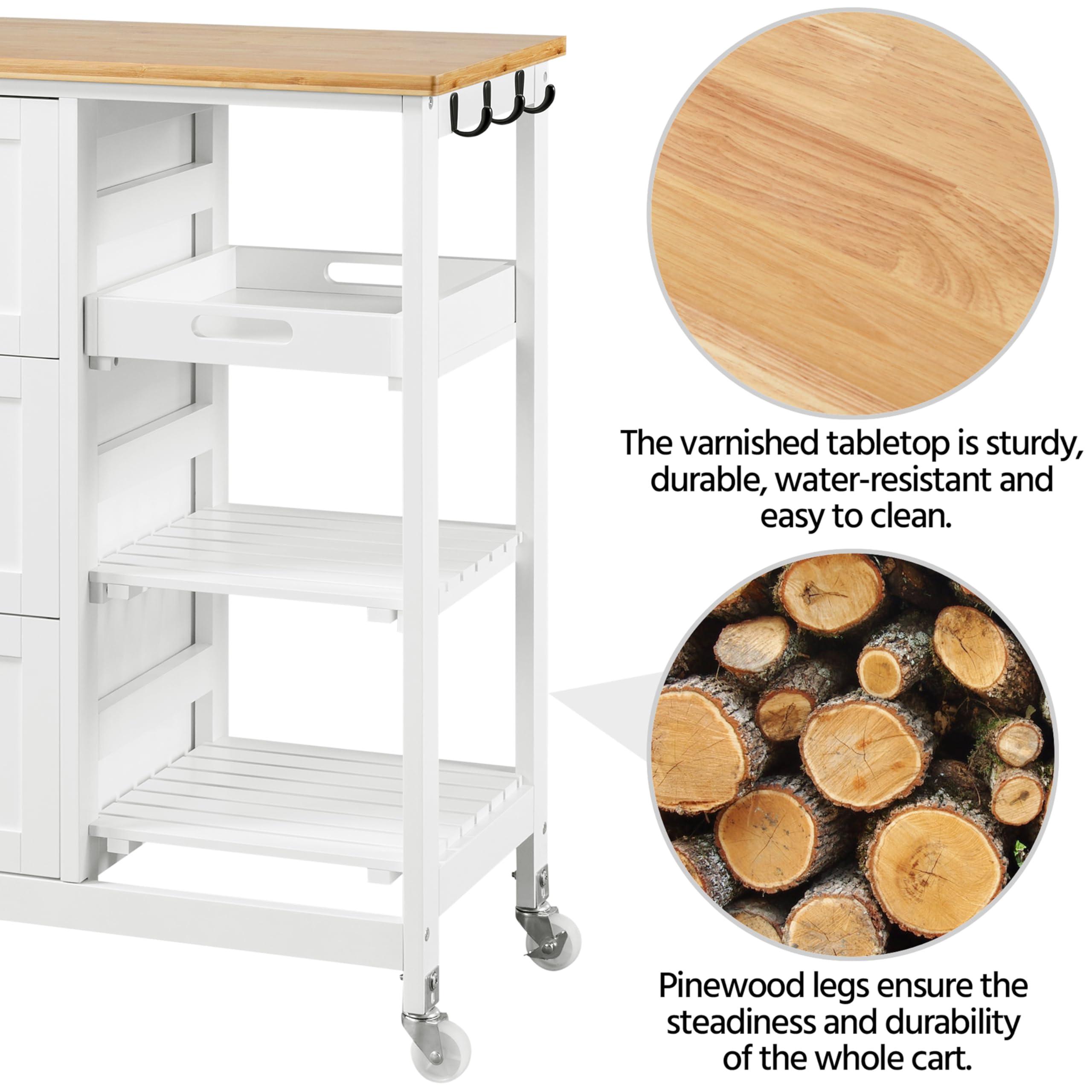 Yaheetech Yaheetech Kitchen Island Cart on Wheels with Bamboo Countertop, Rolling Serving Utility Trolley Cart with 3 Drawers, 3 Removable Shelves & Lockable Casters, Storage Cabinet for Dining Room, Bar, White