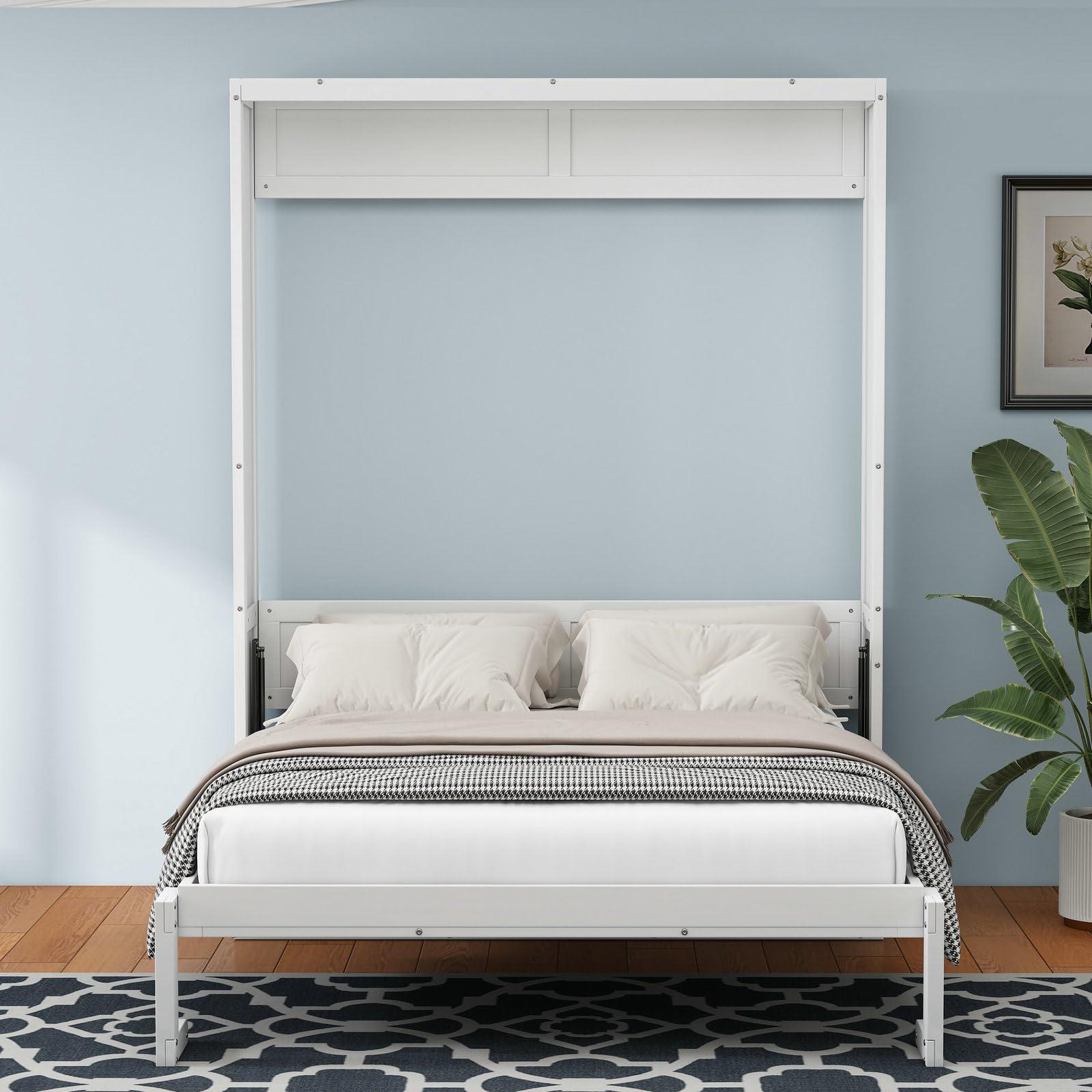 RuiSiSi RuiSiSi Queen Size Murphy Bed with Desk, Folding Wall Bed Cabinet Bed, Foldable Platform Bed Frame, 68 Inch Cabinet Bed for Guest Room Study Office, NoSpring Box Needed, White