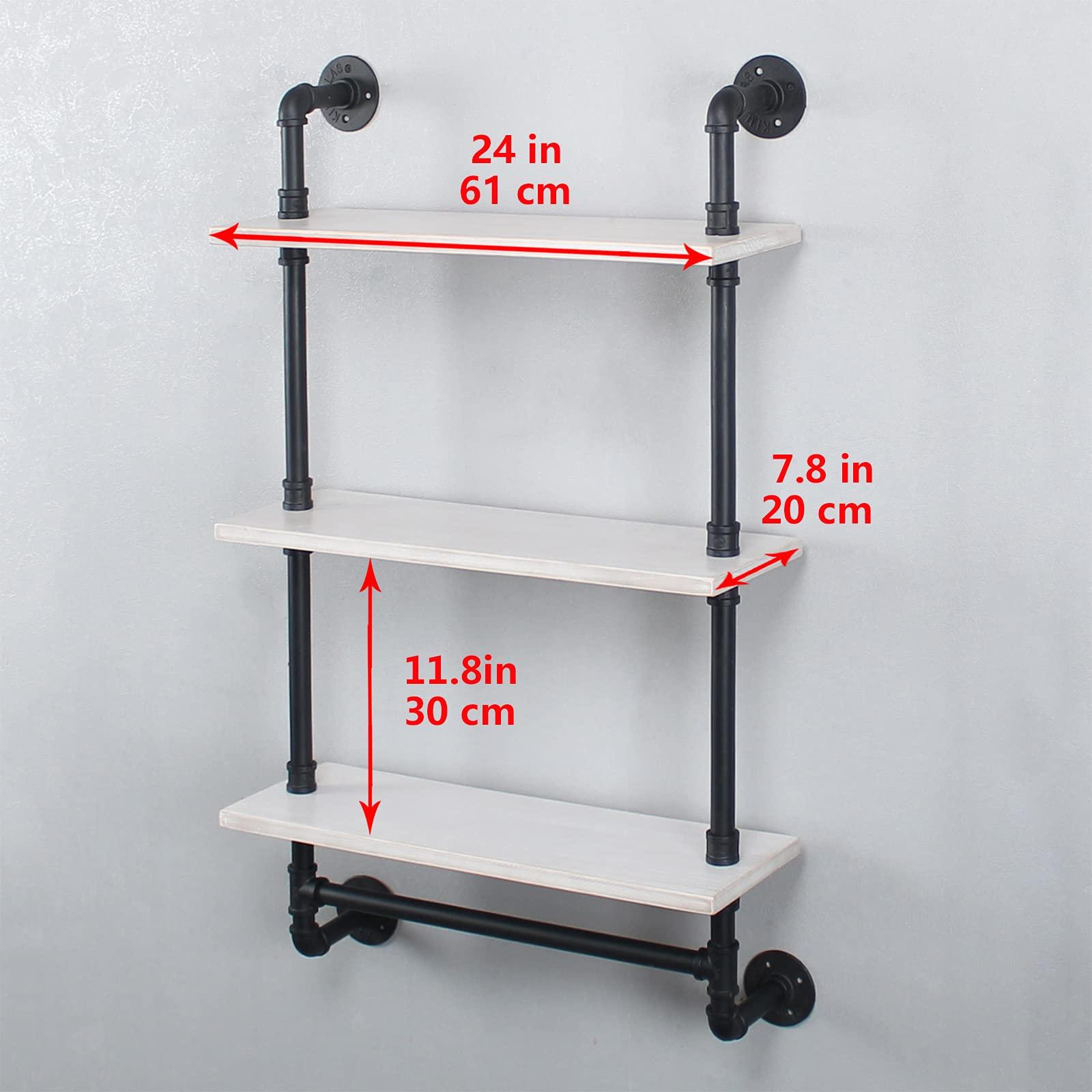 MBQQ Industrial Pipe Shelving,Iron Pipe Shelves Industrial Bathroom Shelves with Towel bar,24in Rustic Metal Pipe Floating Shelves Pipe Wall Shelf,3 Tier Industrial Shelf Wall Mounted,Black & White