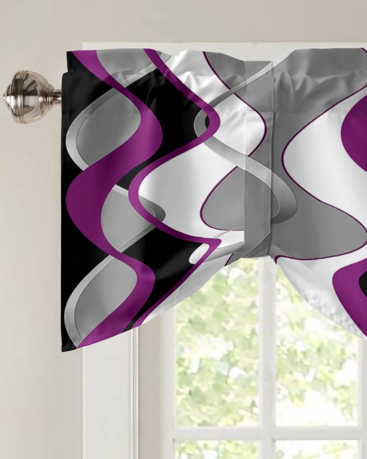 Litter Star Litter Star Purple Abstract Wave Tie Up Valance for Kitchen Windows, Abstract Stripe Art Adjustable Valances Rod Pocket Short Curtain,Tie Up Curtains Valance for Bedroom Living Room Bathroom 42x18in