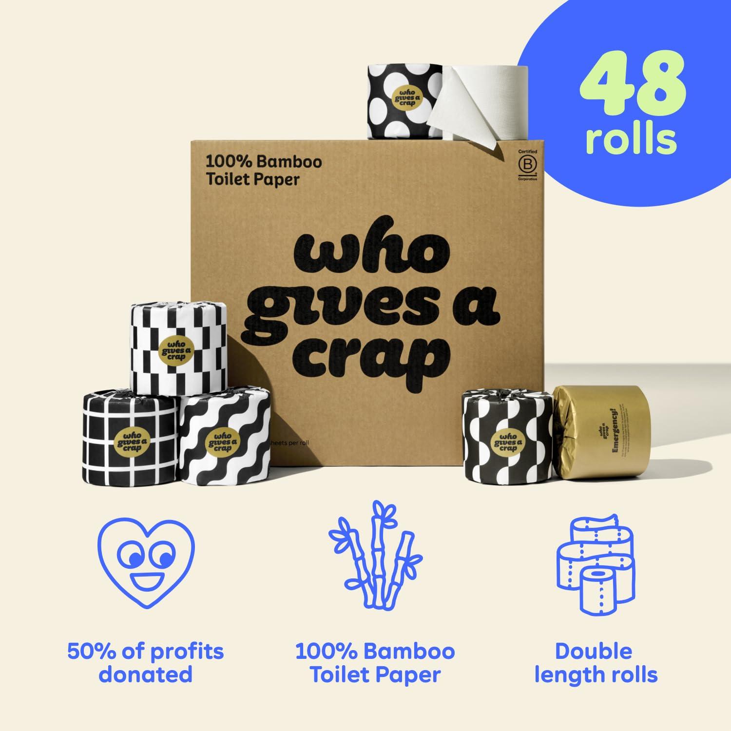 Who Gives A Crap Who Gives A Crap 100% Bamboo Toilet Paper, 48 Rolls, 3 Ply, 370 Sheets, Long, Strong & Soft Toilet Tissue, Sustainable, Biodegradable, Renewable, Tree Free Bathroom Tissue Bulk Toilet Paper
