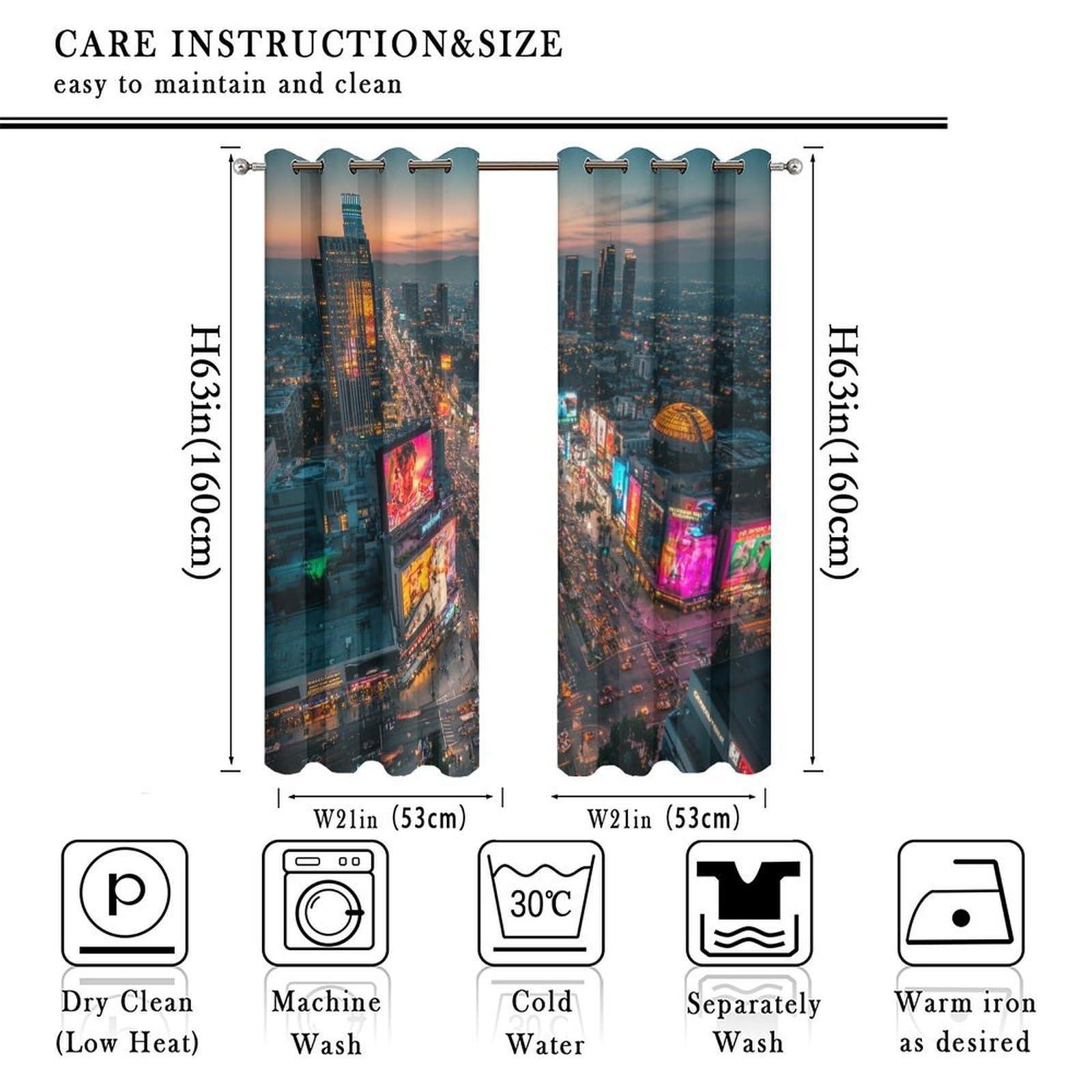 HDESDIS HDESDIS Skyline Urban Sunset Grommet Blackout Curtains for Bedroom, Night Lights Scenic Cityscape Thermal Insulated Curtains Room Darkening Window Drapes, 21W x 63L, 2 Panels