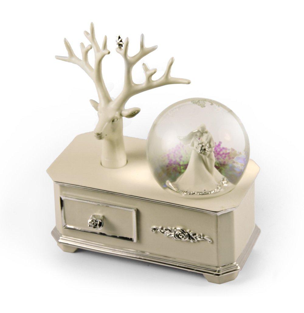 MusicBoxAttic Ivory Wedding Couple Musical Snow Globe ATOP of A Silver Accented Commode - Many Songs to Choose - Frere Jacques