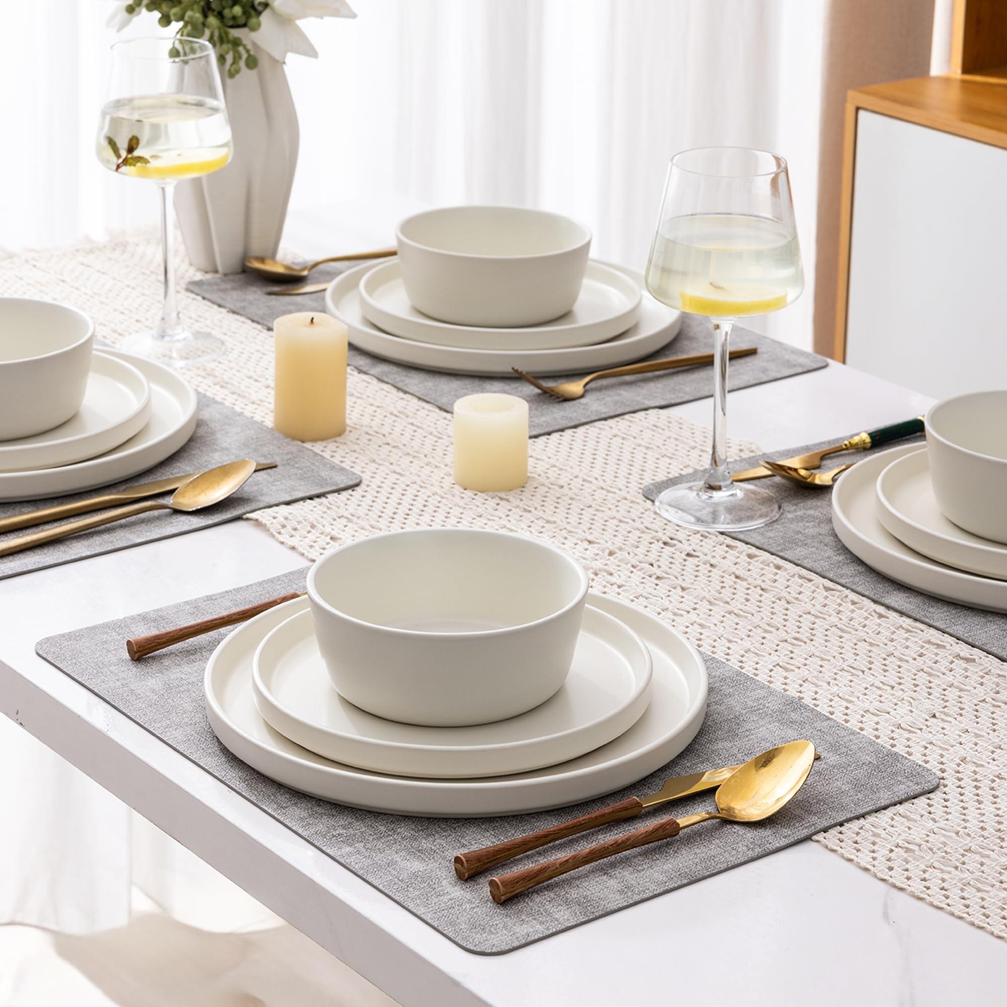 AmorArc AmorArc Ceramic Dinnerware Sets of 4, Modern Flat Stoneware Plates and Bowls Sets,Chip and Crack Resistant | Dishwasher & Microwave Safe Dishes Set,Scratch Resistant- Service for 4 (12pc)-Matte Cream