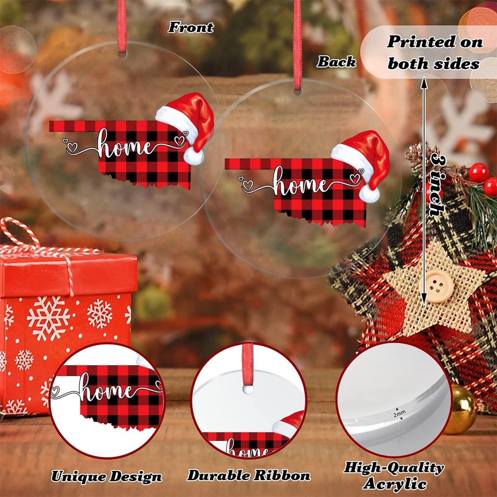 godblessign Buffalo Plaid Map Christmas Hat Christmas Ornaments 2022 Oklahoma State Ornaments for Christmas Trees Sweet Home Acrylic Personalized Christmas Ornaments Christmas Keepsake Long Distance Xmas Gift