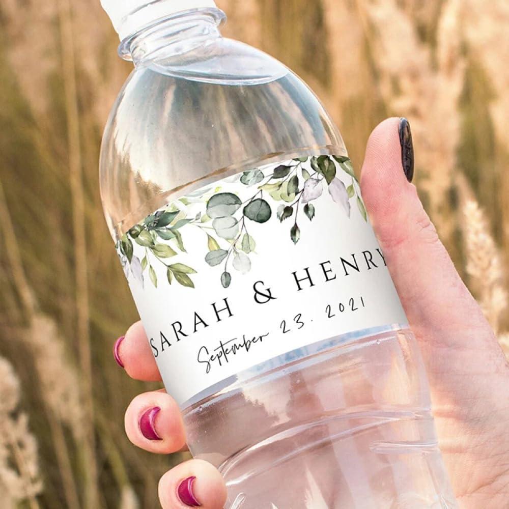 Zlatomu Personalised Water Bottle Labels - Plant Leaves Pattern Text Custom Bottle Stickers, Waterproof Bottle Label for Weddings G