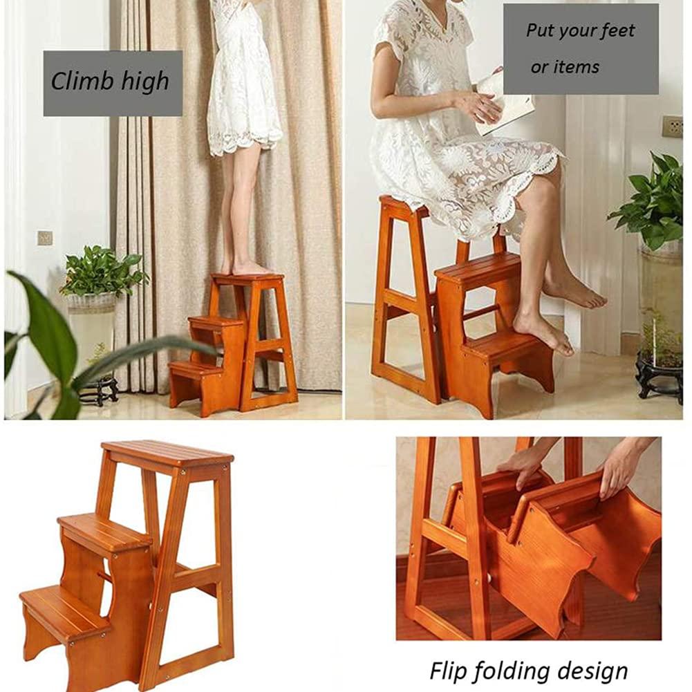 LUNEZY Folding Ladder 3-Tier Step Stool Wood Adult Foldable Bed Steps for High Beds for Adults Standing Shelf Units 300 lb Capacity