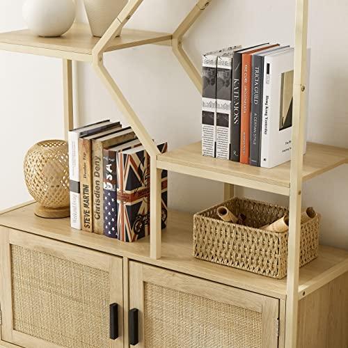 SPOFLYINN SPOFLYINN 7-Tier Bookshelf, Rattan Bookcase with 2 Doors Storage Cabinet Organizer, Free Standing Shelf Units for Living Room Home Office, 39.4''W x 13.8'' D x 75.6'' H Natural As Shown One Size