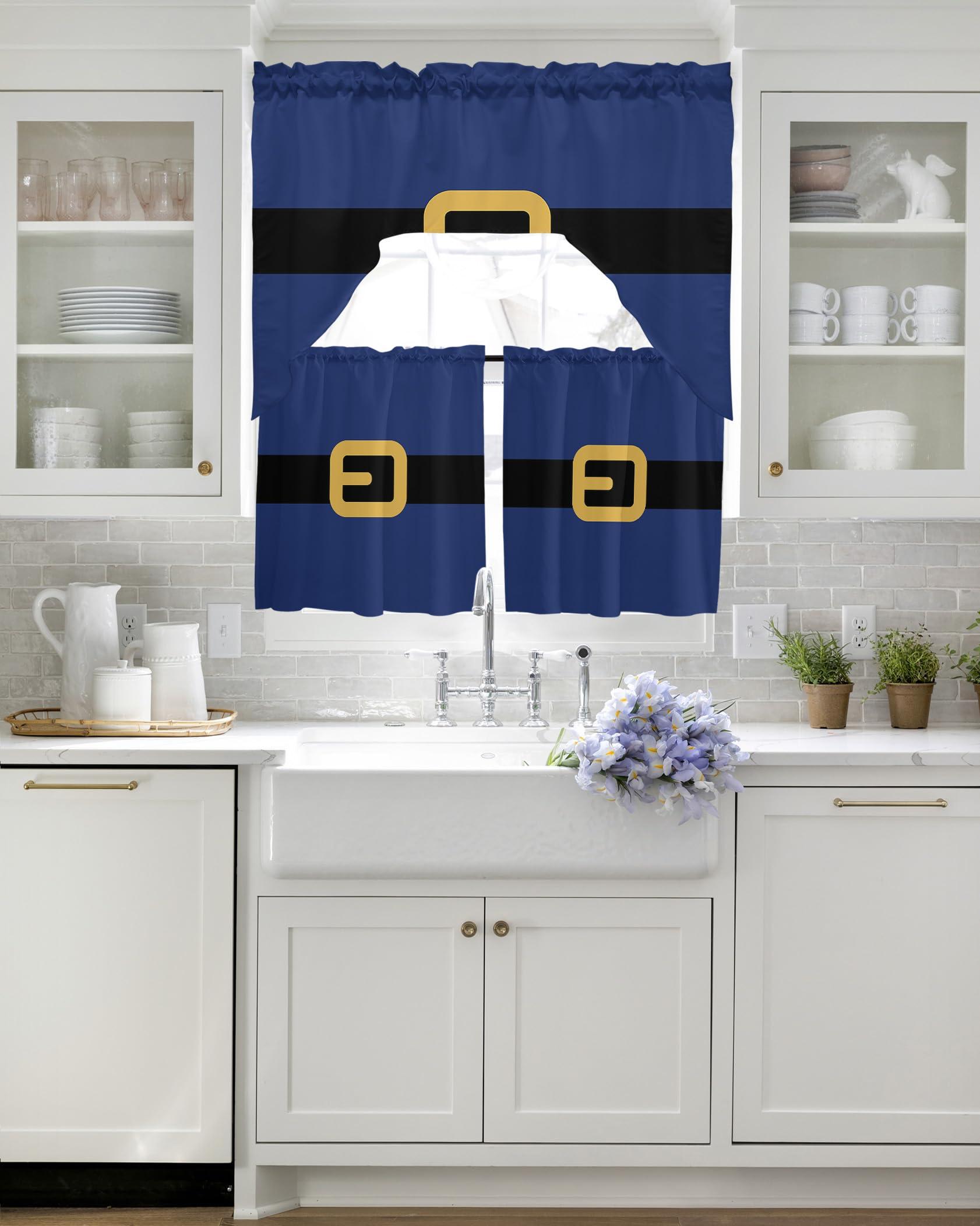 AMZRicher AMZRicher Santa Claus Belt Kitchen Curtains Swag Valance and Tier Curtains Set 36 Inch Length, Merry Christmas Navy Blue Rod Pocket Drape Panels Pair Swag Curtains for Bathroom/Cafe/Window