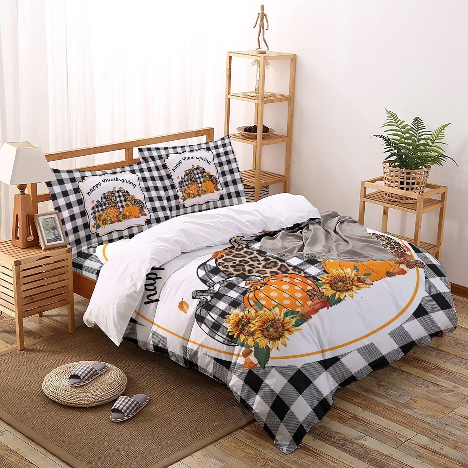 YESOF66 YESOF66 Zipper Duvet Cover Set Soft Comforter Cover Set for Girls Boys,Happy Thanksgiving Pumpkins Black White Lattice Daisy Bedding Sets Twill Plush Bed Sheet Set,Full Size
