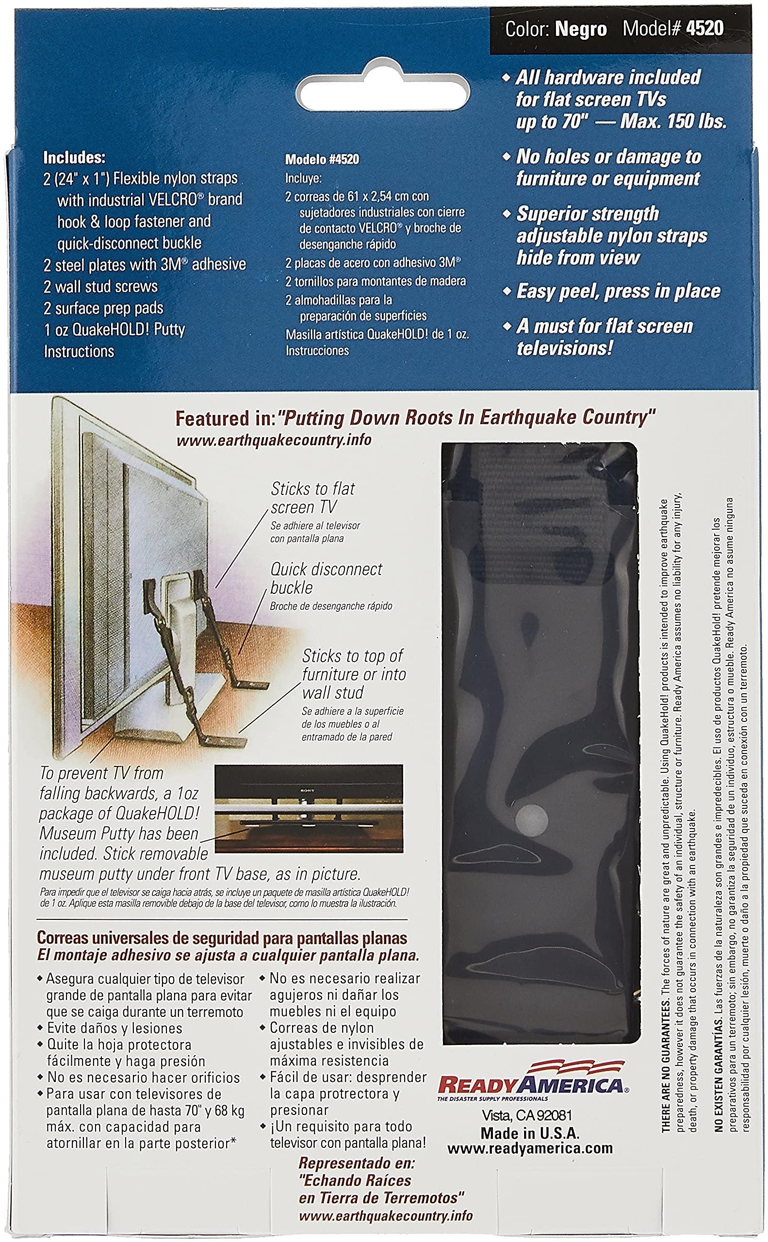 Ready America QuakeHOLD! Universal Flat Screen TV Safety Straps, Nylon Anti-Tip Adhesive Straps, Earthquake Protection, For TVs and Furniture, Child Proofing for Home Safety, Easy Installation, Black, 1 Pack