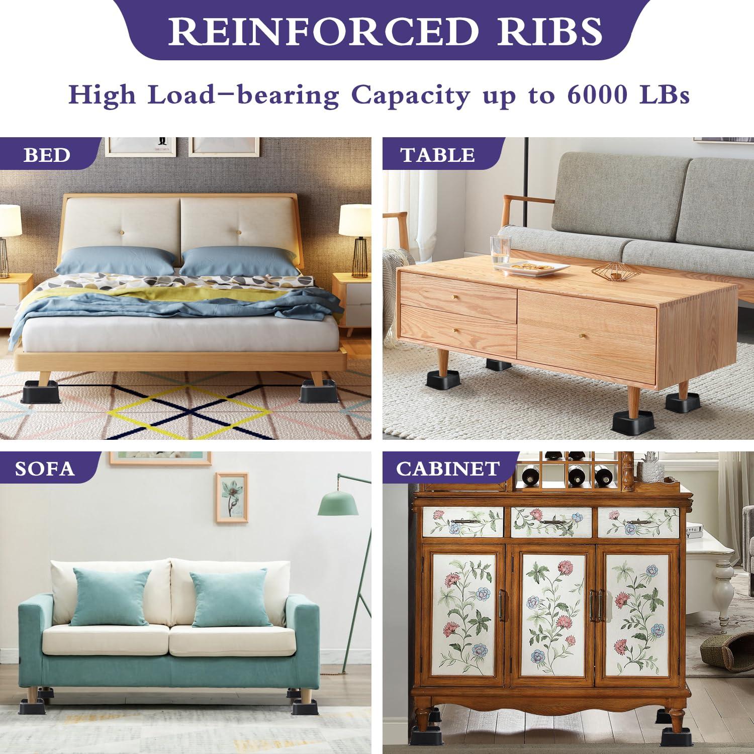 Sunifier Sunifier Bed Risers 3 inch Heavy Duty 4 Pack, L Shape Funiture Risers 3 inch Support 5000LBs, Oversized Lifts Risers for Dorm Beds Frame, Sofa, Desk, Couch, Chairs Legs (Black 4-Pack,3 inch)