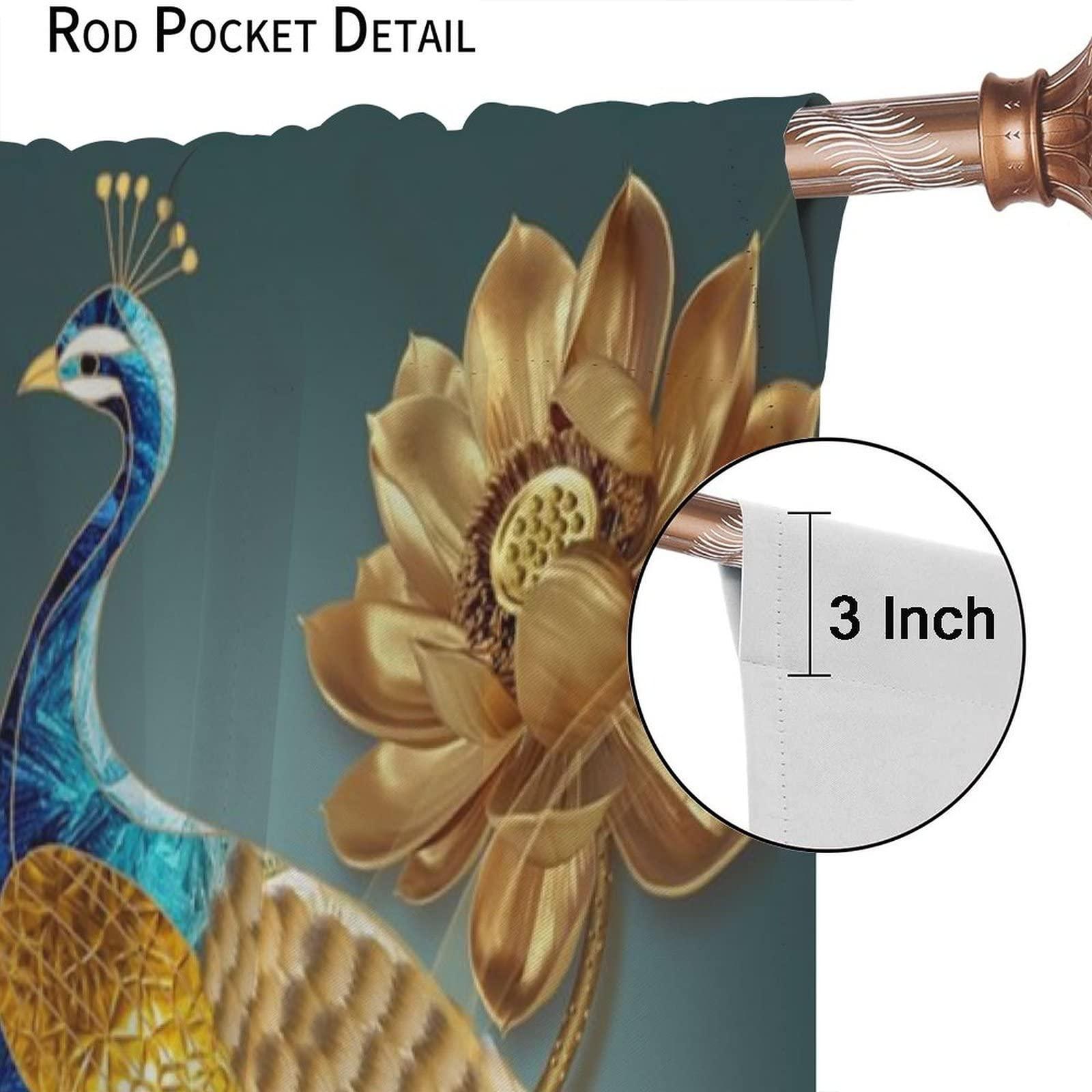 AuiMzoo Peacock Blackout Curtains, Beautiful Blue and Gold Peacock Standing On Golden Lotus, Women Bedroom Living Room Curtains 2 Panel Set, 42x45 Inch