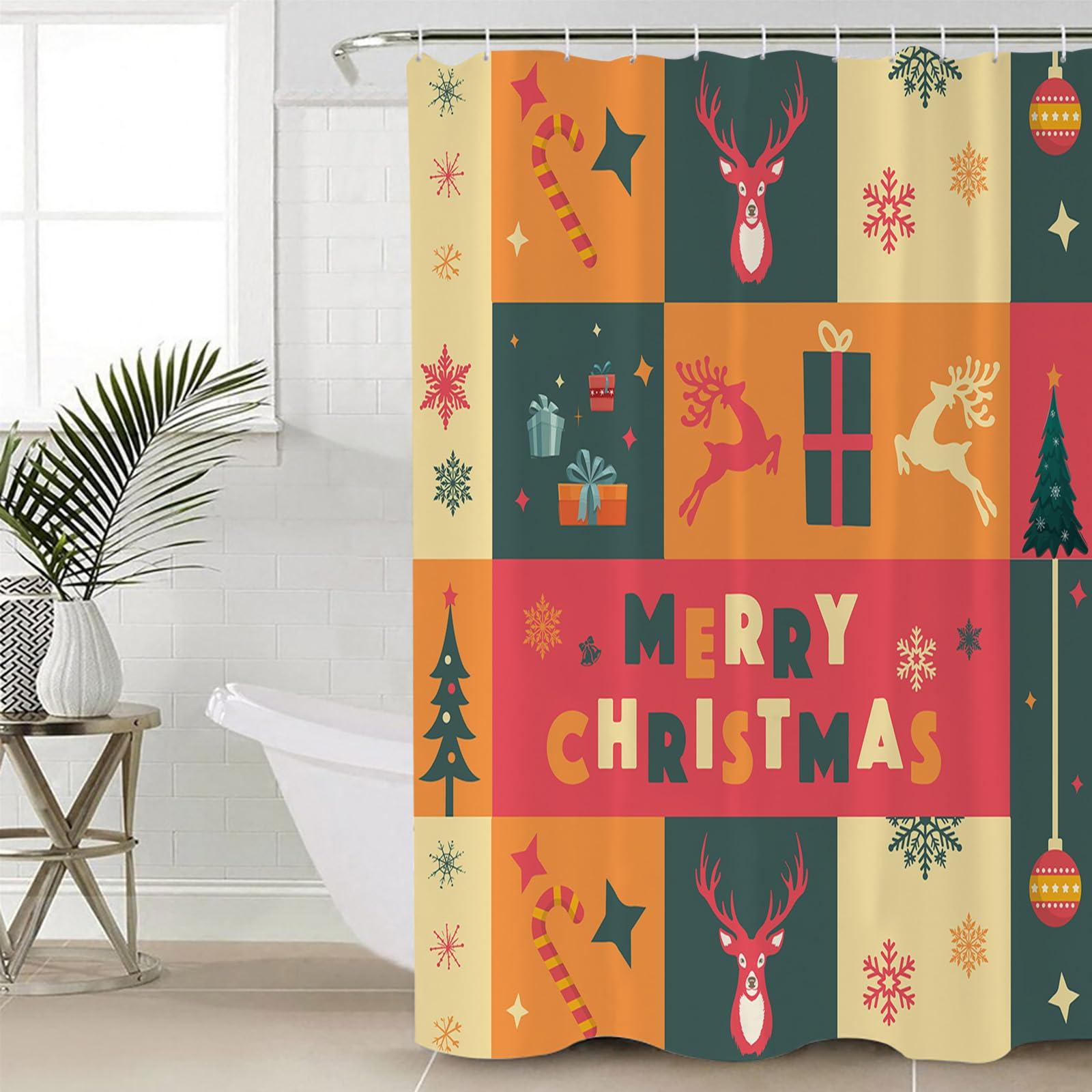 Wotrend Merry Christmas Shower Curtain for Bathroom 72\" x 78\", Xmas Tree Ball Elk Snowflake Gifts Shower Curtain with Hooks Polyester Waterproof Home Bathtub Decor