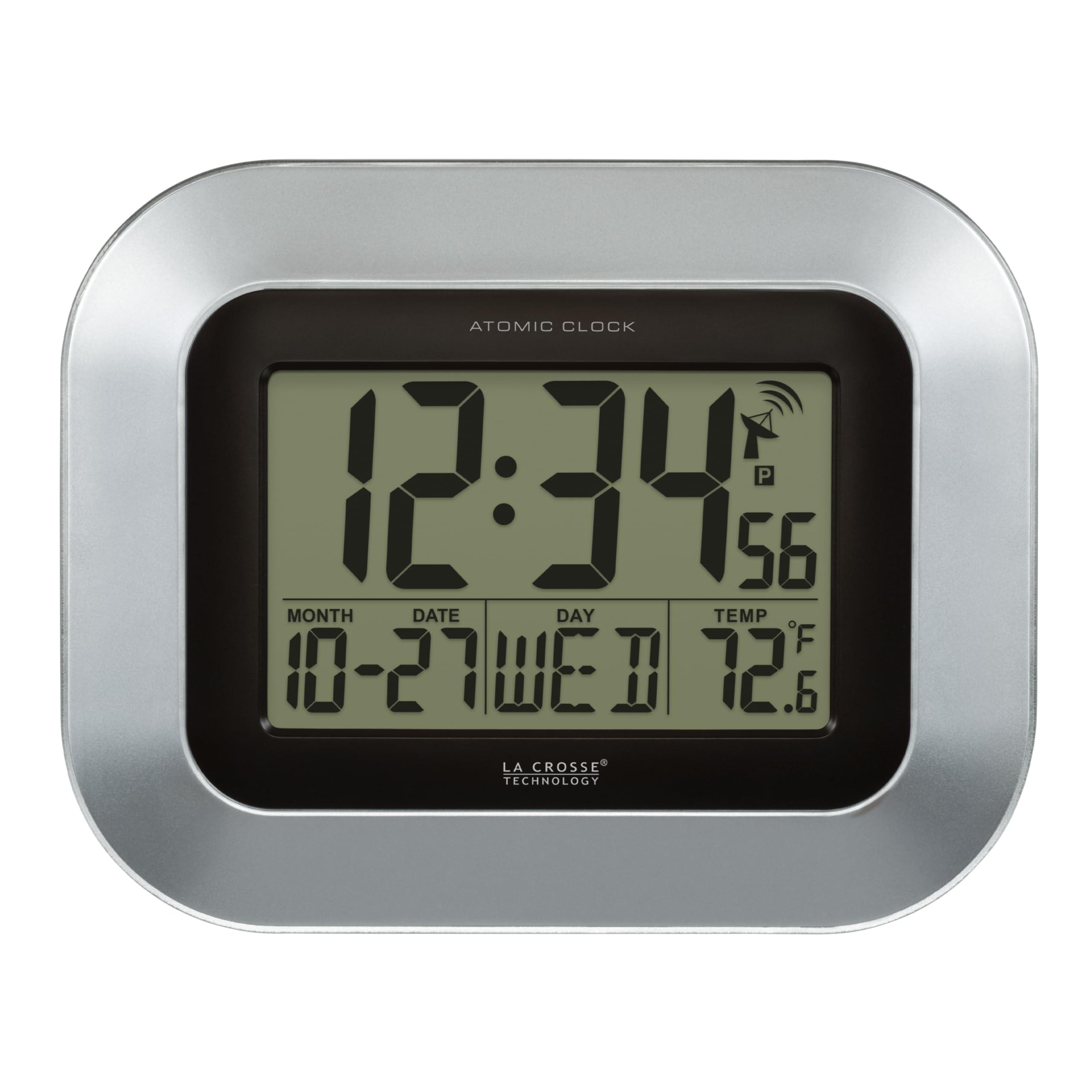 La Crosse Technology La Crosse Technology WT-8005U-S Atomic Digital Wall Clock with Indoor Temperature, Silver