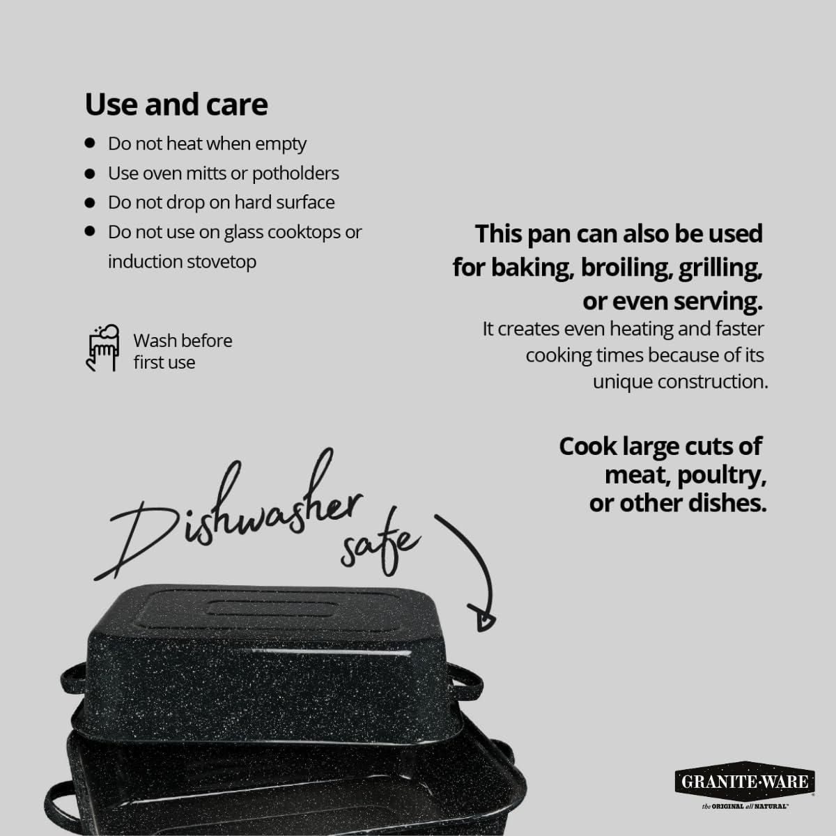 Granite Ware Granite Ware 21 in Oven Rectangular Roaster with lid. (Speckled Black) - Accommodates up to 25 lb poultry or roast.