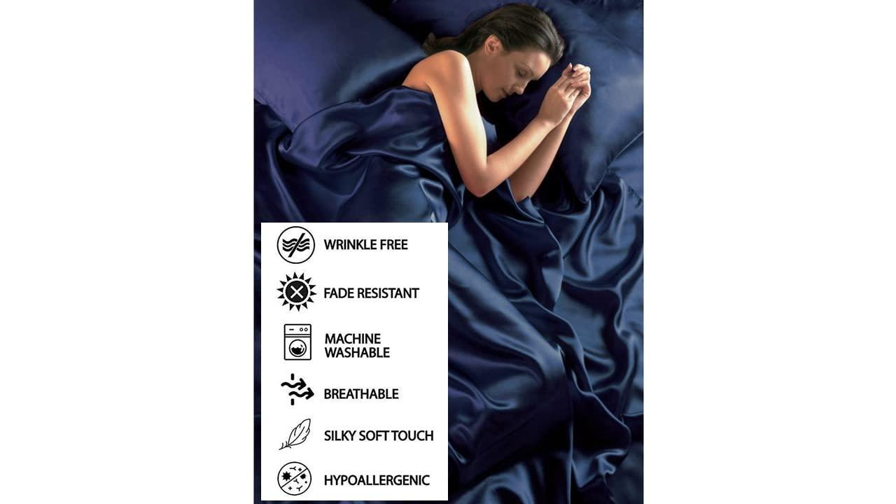 RJ BEDDING RJ BEDDING, Satin Silk Sheet Sets 4Pcs, California King Size(72\"X84\")+20 INCH DEEP Pocket, (Fitted Sheet, Flat Sheet, 2PC Pillow Cases), Breathable, Soft & Durable, Black