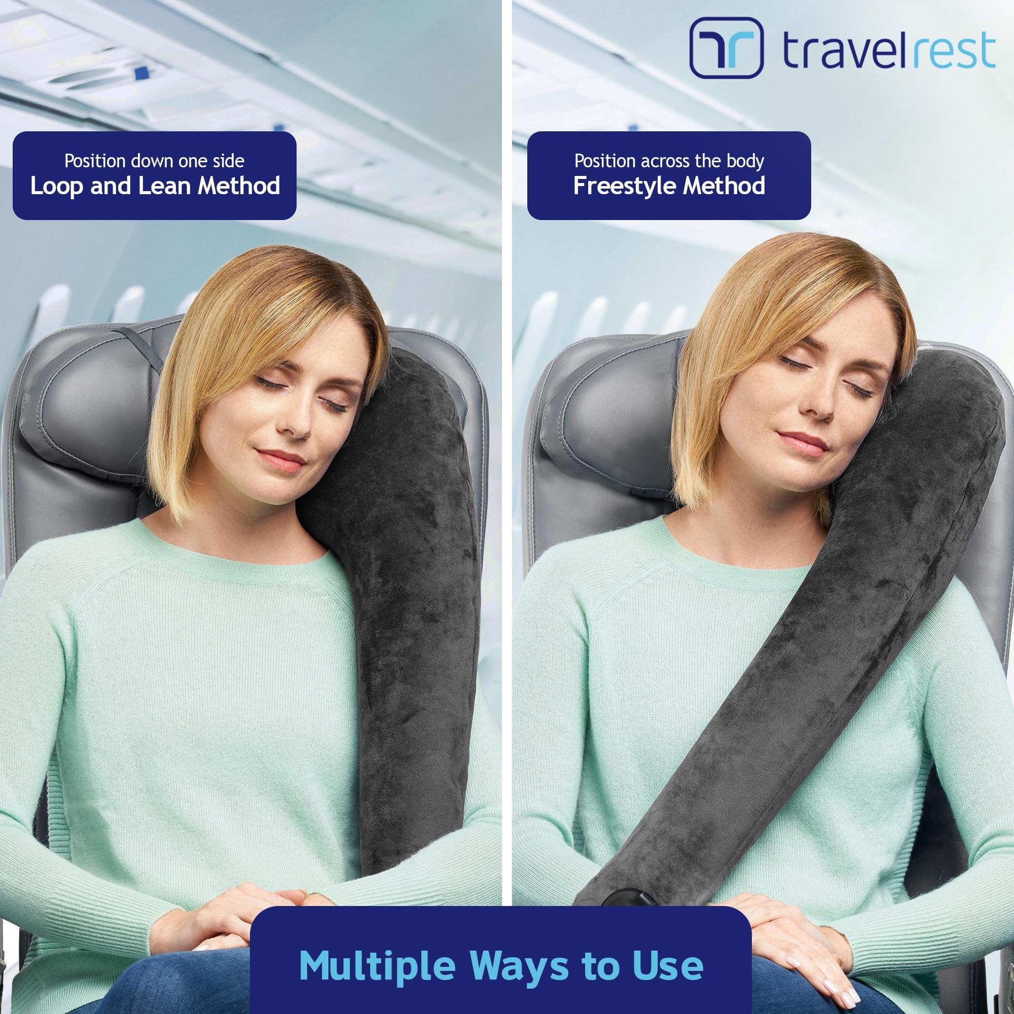 TRAVELREST TRAVELREST All-in-One Travel Pillow for Neck & Body, Attaches to Airplane & Car Seat, Memory Foam Inserts, Washable Velour Cover, Inflatable, Stores Compact, Sleeping on Long Flights & Trips, Grey