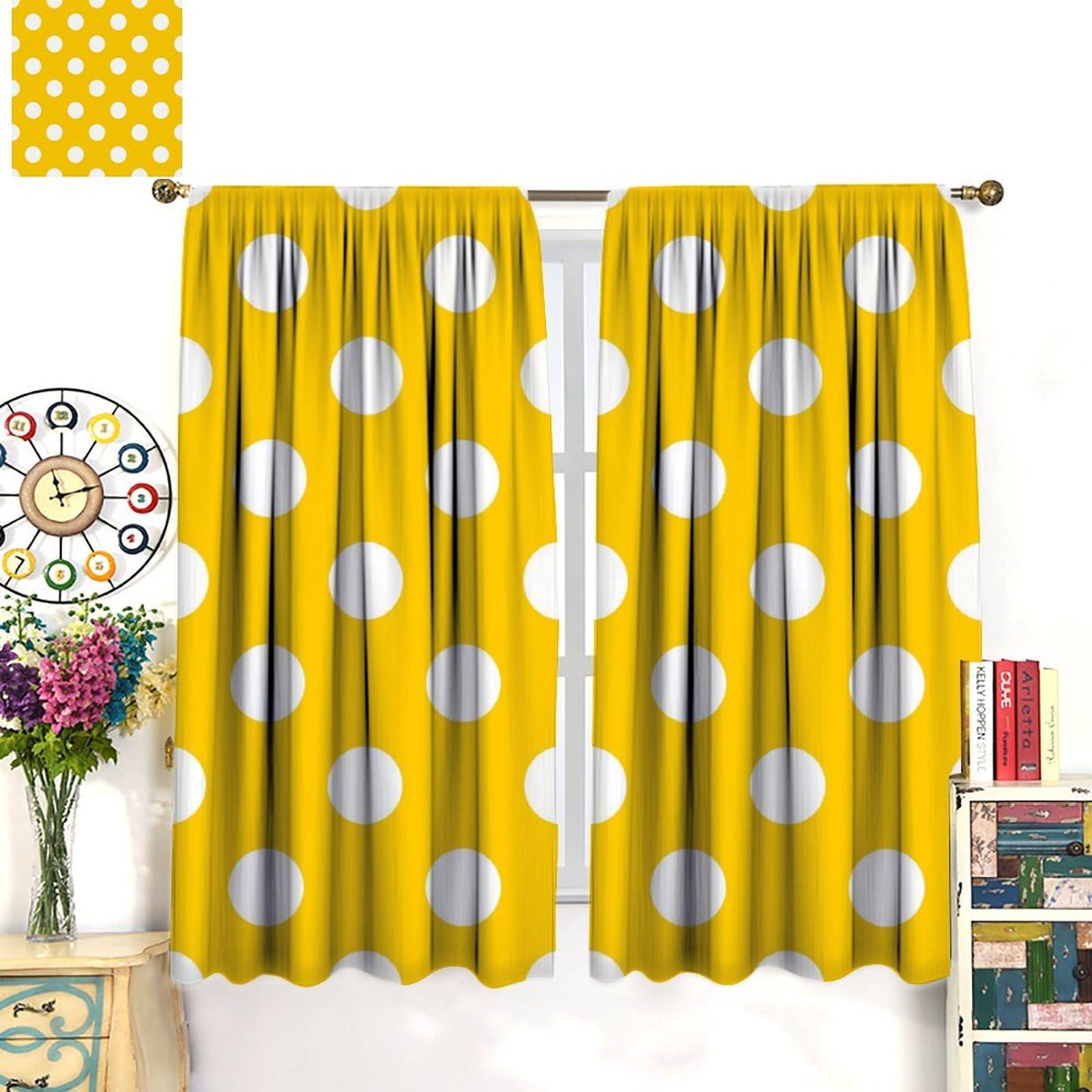JADERYS JADERYS Dots Curtains Modern Simple Abstract White Polka Dot Yellow Kids Girls Women Bedroom Living Room Blackout Rod Pocket Decoration Window Drapes 2 Panels W27.5xL63in