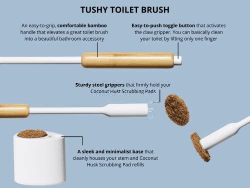 TUSHY TUSHY Brush - The Conscious Toilet Brush - Lemon & Tea Tree Oil-Infused Coconut Husk Scrubbing Pads - Includes Brush and Brush Holder