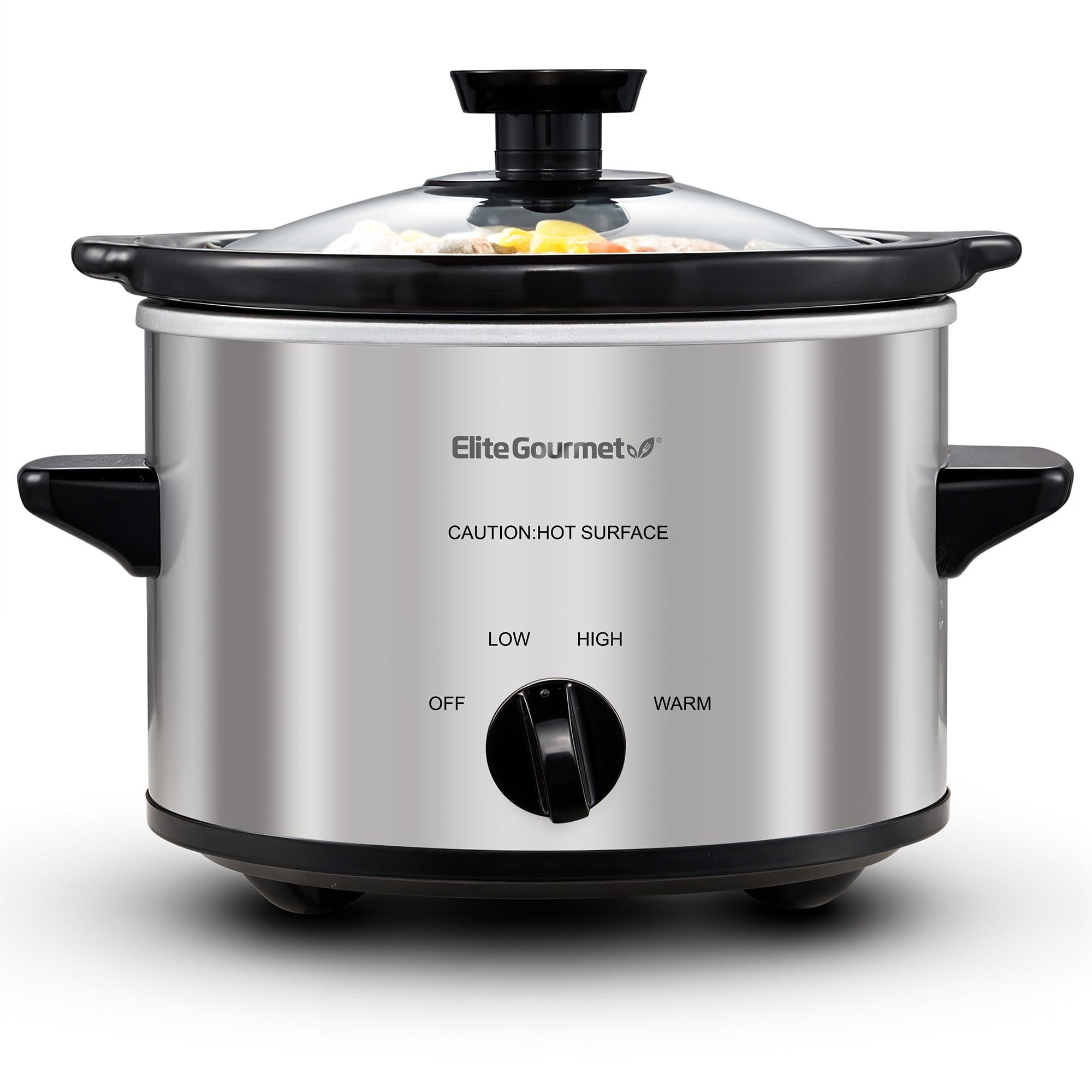 Elite Gourmet Elite Gourmet MST-250XS Electric Slow Cooker Ceramic Pot, Adjustable Temp, Entrees, Sauces, Stews & Dips, Dishwasher Safe Glass Lid & Crock, 1.5 Quart, Stainless Steel