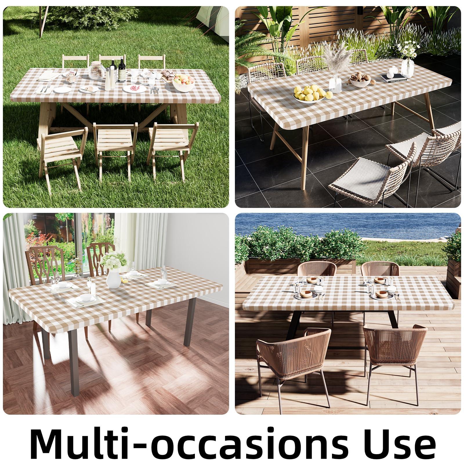 smiry smiry Rectangle Picnic Table Cloth, Elastic Waterproof Fitted Vinyl Tablecloth for 6 FT Tables, Flannel Backed Buffalo Plaid Table Covers for Dining, Camping, Outdoor (White and Khaki, 30\" x 72\")