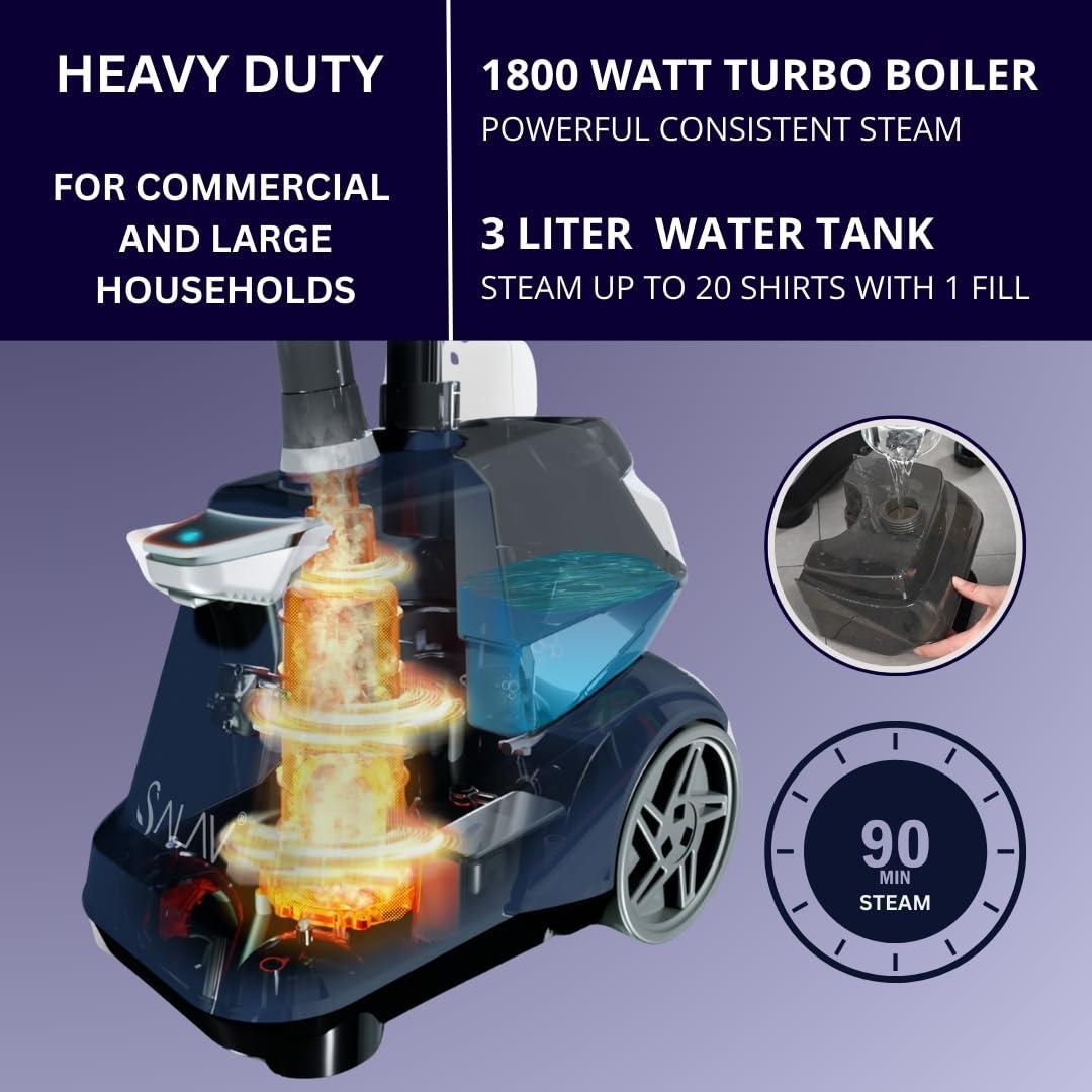 SALAV SALAV Heavy Duty Commercial Full-Size Garment Steamer with Foot Pedals and Extra Large 3L (101.5 oz) Water Tank, 1800 watts of Poweful Steam (Navy)
