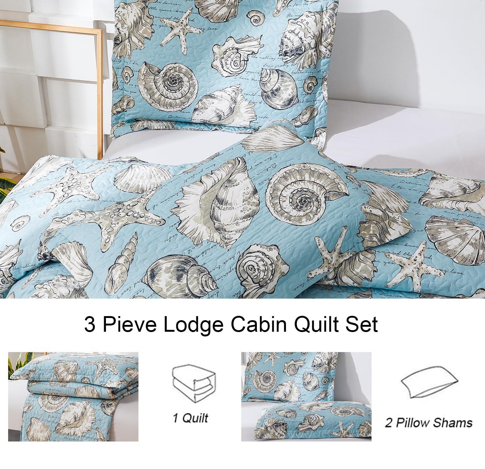 Ycosy Coastal Quilt Set Full/Queen Size Ocean Themed Bedding Summer Beach Quilts Set Lightweight Reversible Bedspread Coverlets Seashell Starfish Seaweed Bed Spread Soft Home Bed Cover with 2 Pillow Shams