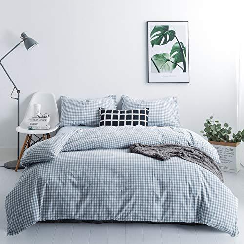 SUSYBAO SUSYBAO Gingham Duvet Cover King 100% Washed Cotton Light Blue Plaid Duvet Cover 3 Pieces Set 1 Blue Grid Duvet Cover with Zipper Ties 2 Pillowcases Luxury Soft Gingham Bedding Set Breathable Durable