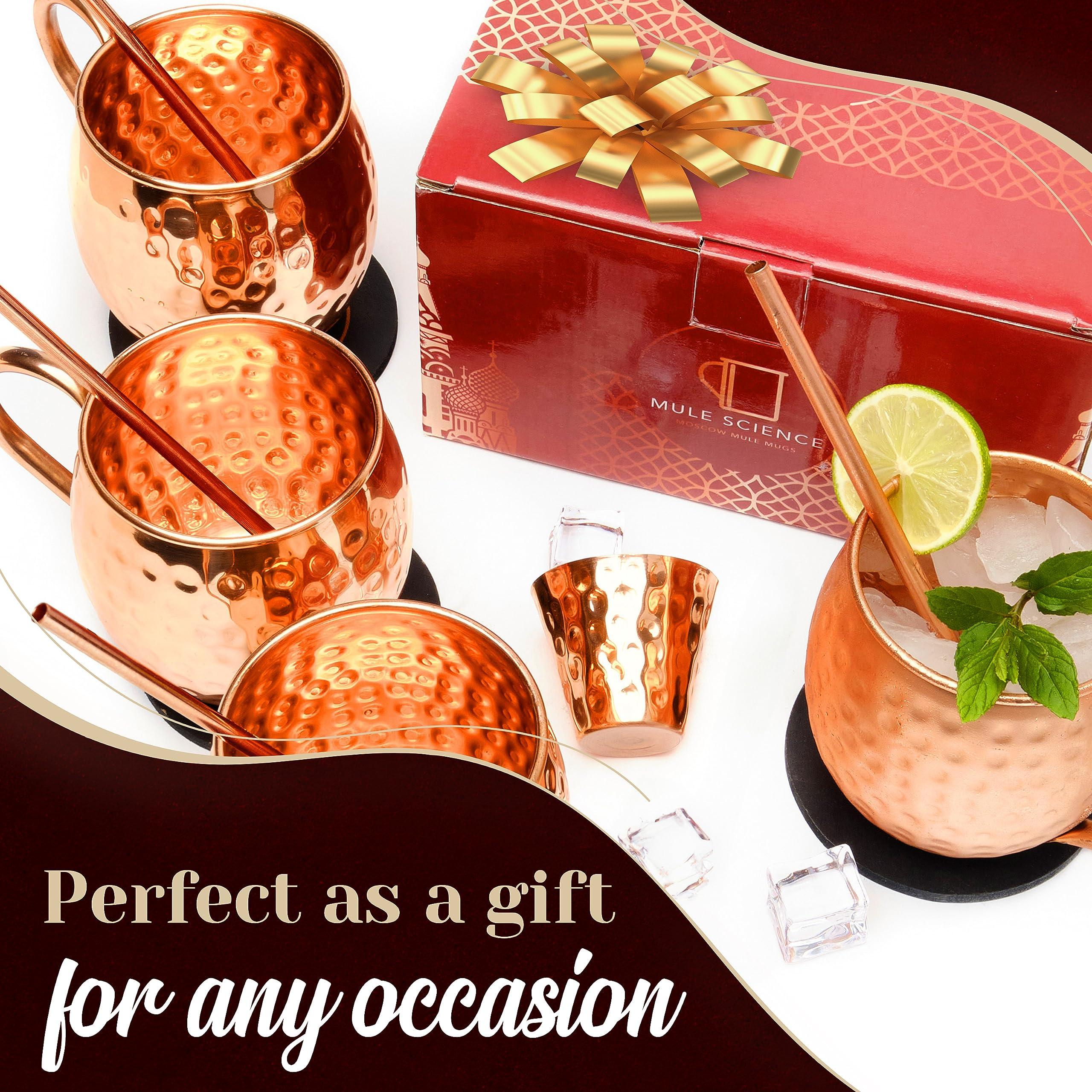 Advanced Mixology Advanced Mixology [Gift Set] Mule Science Moscow Mule Mugs Set of 4 (19 oz. large size) | 100% Handcrafted | Food Safe | Copper Mugs w/Accessories | Tarnish Resistant Copper Cups