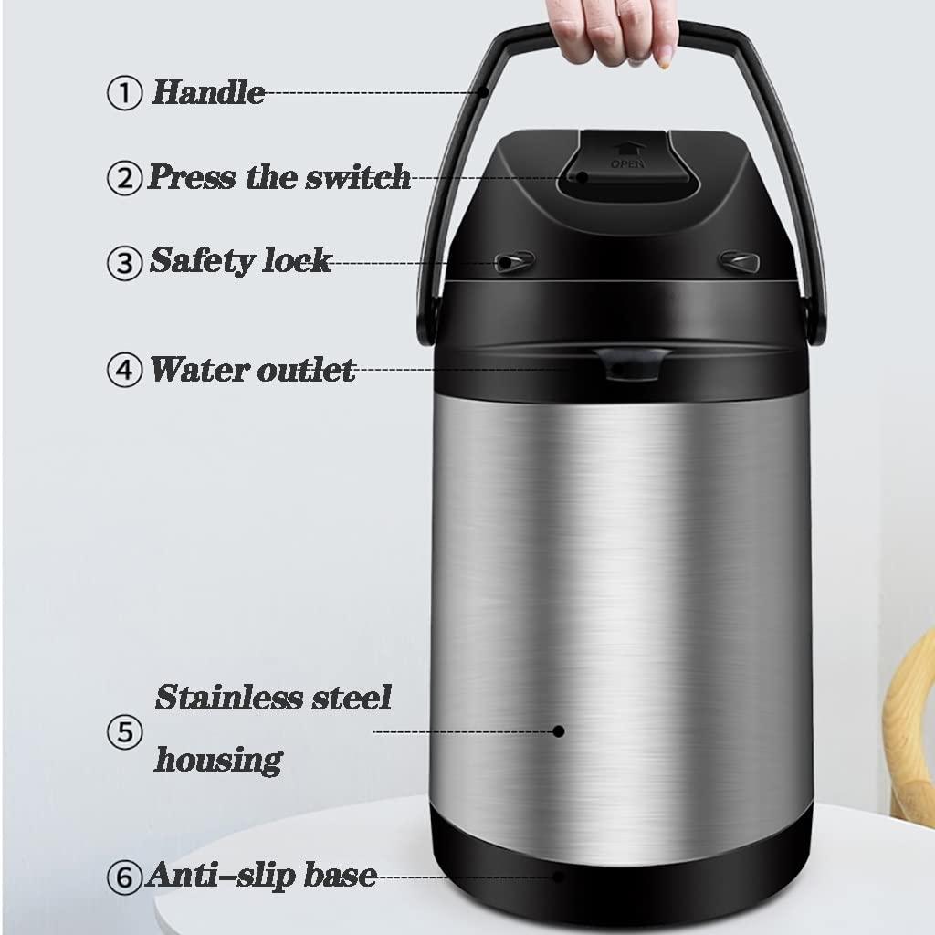 WIGSELBL Air Pot Beverage Dispenser,Thermal Coffee Carafe,Insulated Stainless Steel Coffee Dispenser with Pump,Thermos Coffee Carafe for Keeping Hot Coffee & Tea Hot for 12 Hours ( Color : Silver , Size : 2.5L