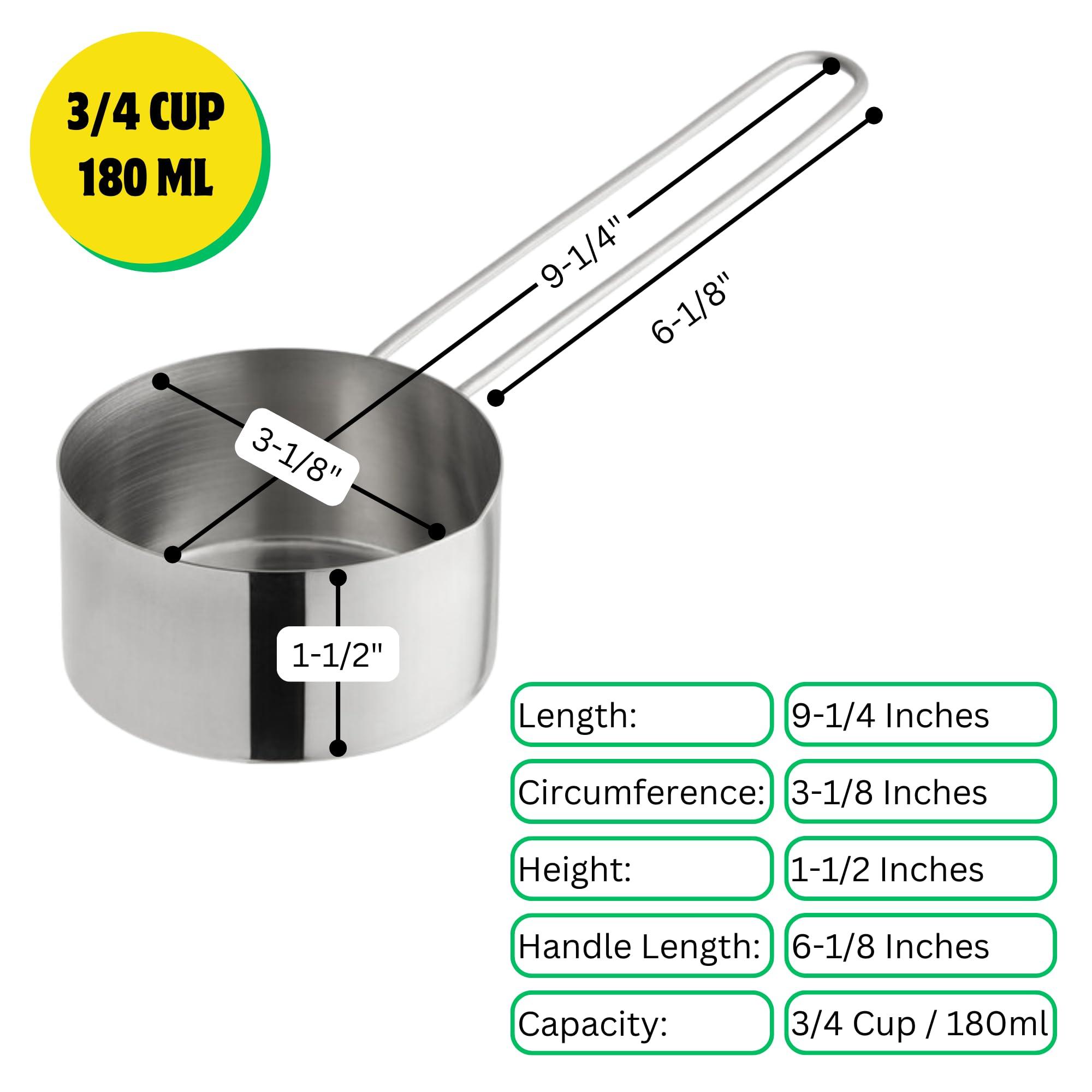 Knupp Co. 3/4 Cup Stainless Steel Measuring Cup, Long 6" Wire Loop Handle and Pour Spout | Sturdy Metal 177 ml | 177 cc | 6 oz | Single Cup for Wet and Dry Ingredients | Great for use as 3/4 Cup Dog Food Scoop