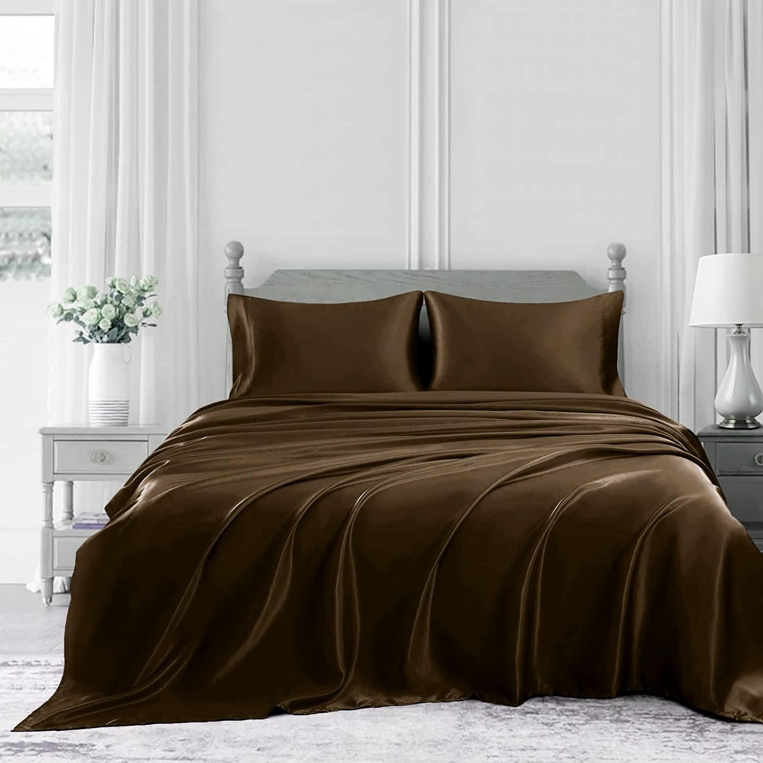 Upluxius Upluxius 4 Piece Satin Sheet Set Bed Set Oversized Queen Size Bed Set 4 Piece Chocolate Brown Durable & Soft (Flat Sheet + Fitted 15\'\' + 2 Pillowcases) Bedding Satin Sheets Bed in a Bag