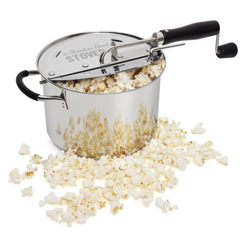 TIME FOR TREATS StovePop Stainless Steel Popcorn Popper - Gearless Hand Crank, Magnetic Lid, 6 Qt - Induction Range Compatible