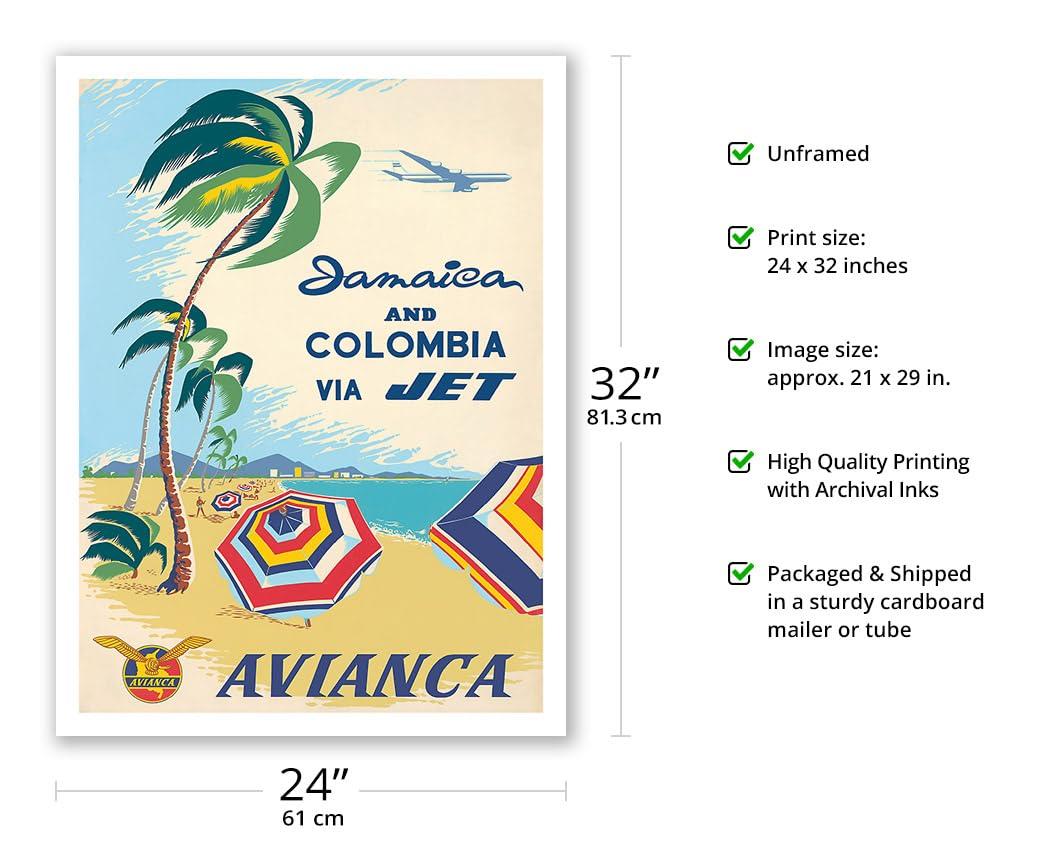 Pacifica Island Art Jamaica and Colombia via Jet - Avianca National Airways of Colombia Caribbean - Vintage Airline Travel Poster by ADOLF TREIDLER c.1960s - Bamboo Fine Art 290gsm Paper Print (Unframed) 24x32in