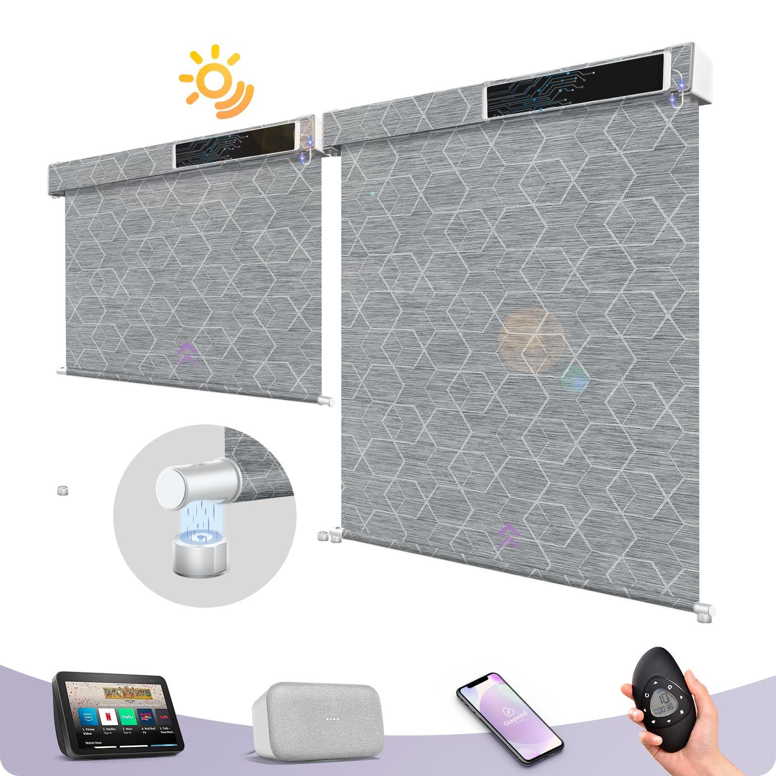 Graywind Graywind Motorized Outdoor Shades for Patio Compatible with Alexa Google Smart Sun Shades Exterior Solar Powered Blinds Electric Roller Shades for Patio Outside, Custom Size (1% Geometry Grey)