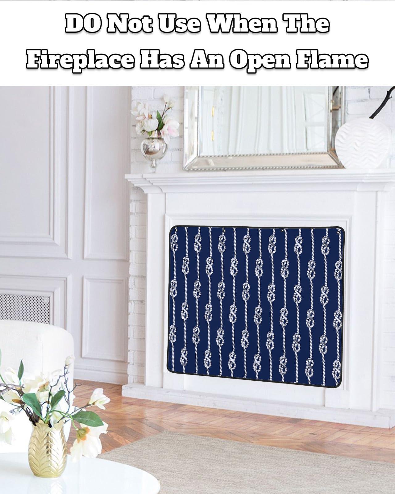 Shine-Home Nautical Knot Magnetic Fireplace Cover Decorative Indoor For Brick Fireplace, Insulation Fireplace Blocker Blanket Draft Stop Hot Heat Save Energy, Ocean Beach Sailboat Navy Blue 39\"Wx32\"H