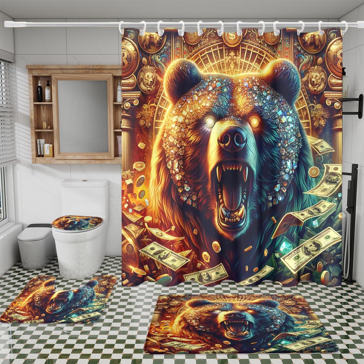 JretailAx Cool Cabin Wildlife Bear 4 Piece Shower Curtain Sets,Modern 100 Dollar Bill Cash Theme Angry Bear Non-Slip Rugs,Toilet Lid Cover and Bath Mat,Durable and Waterproof,for Bathroom Decor Set