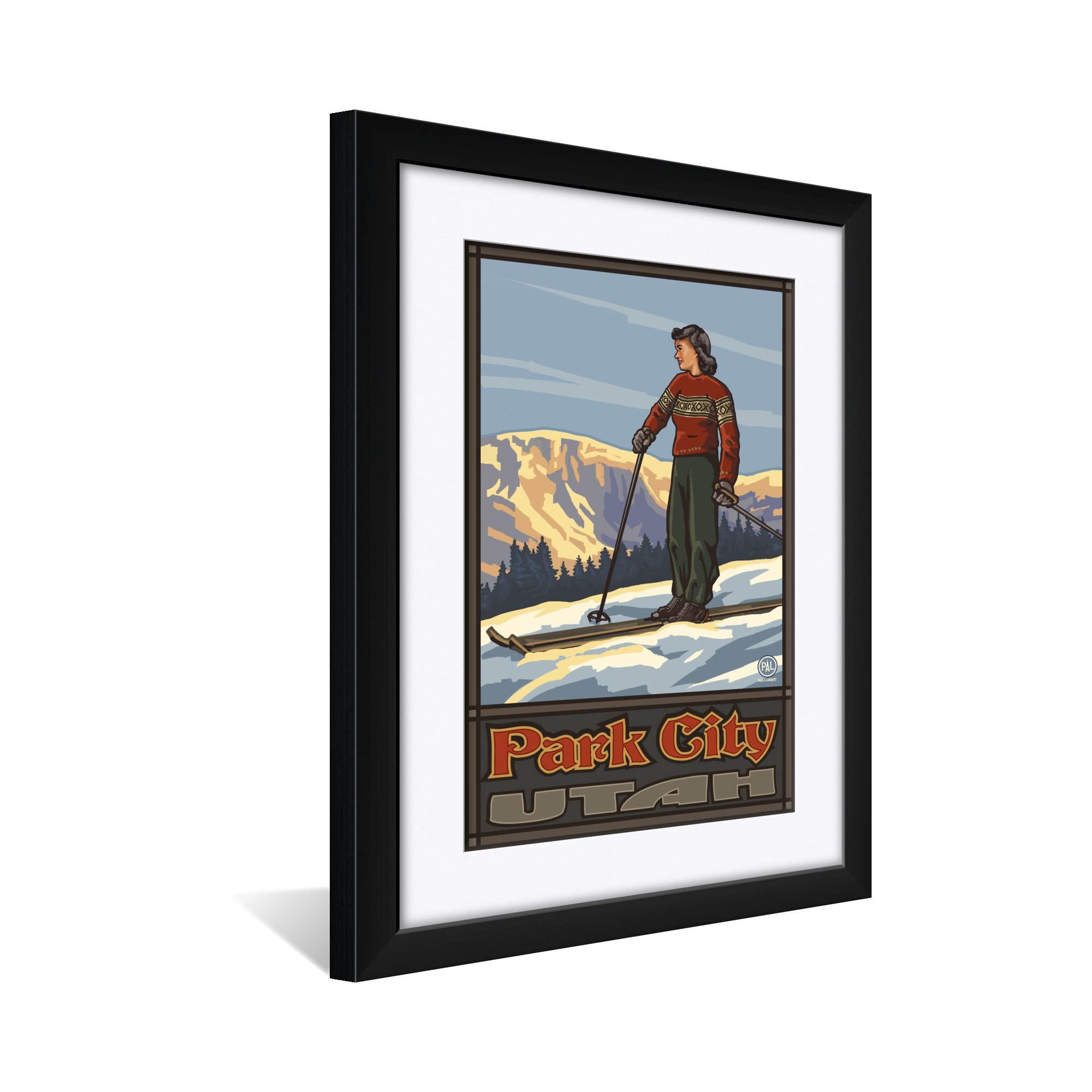 Art of Place Park City Utah Girl Skier Standing Sunset Professionally Framed & Matted Art Print from Travel Artwork by Artist Paul A. Lanquist Framed Art Size: 18\" x 24\"
