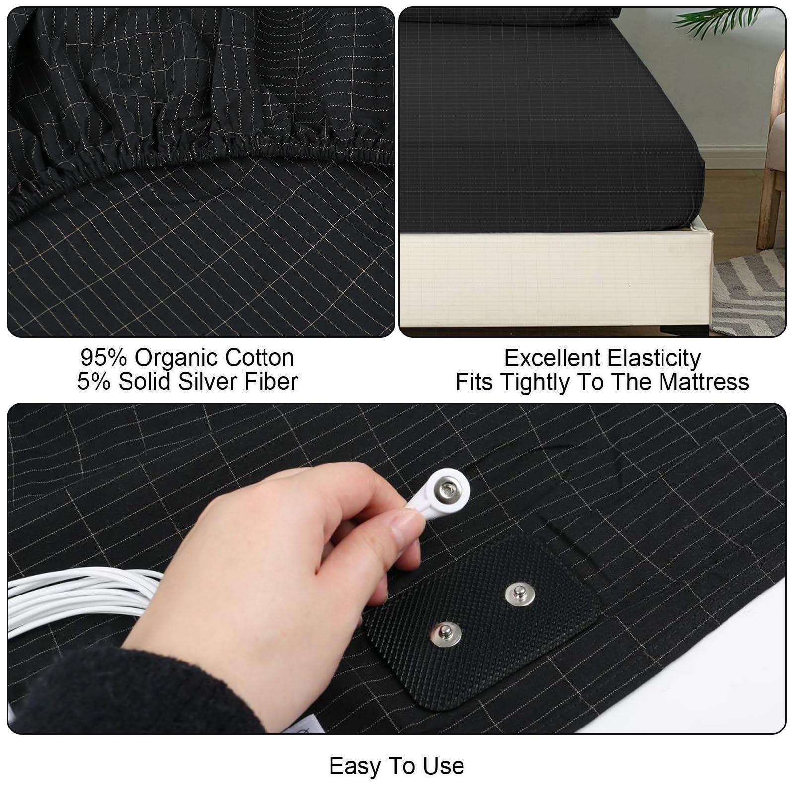 ConBlom Grounding Fitted Sheet with Grounding Cord, Earthing Bed Sheets, 5% Silver Fiber & 95% Cotton Fiber, Conductive Earthing Bed Sheet for Better Sleep (Black, California King)