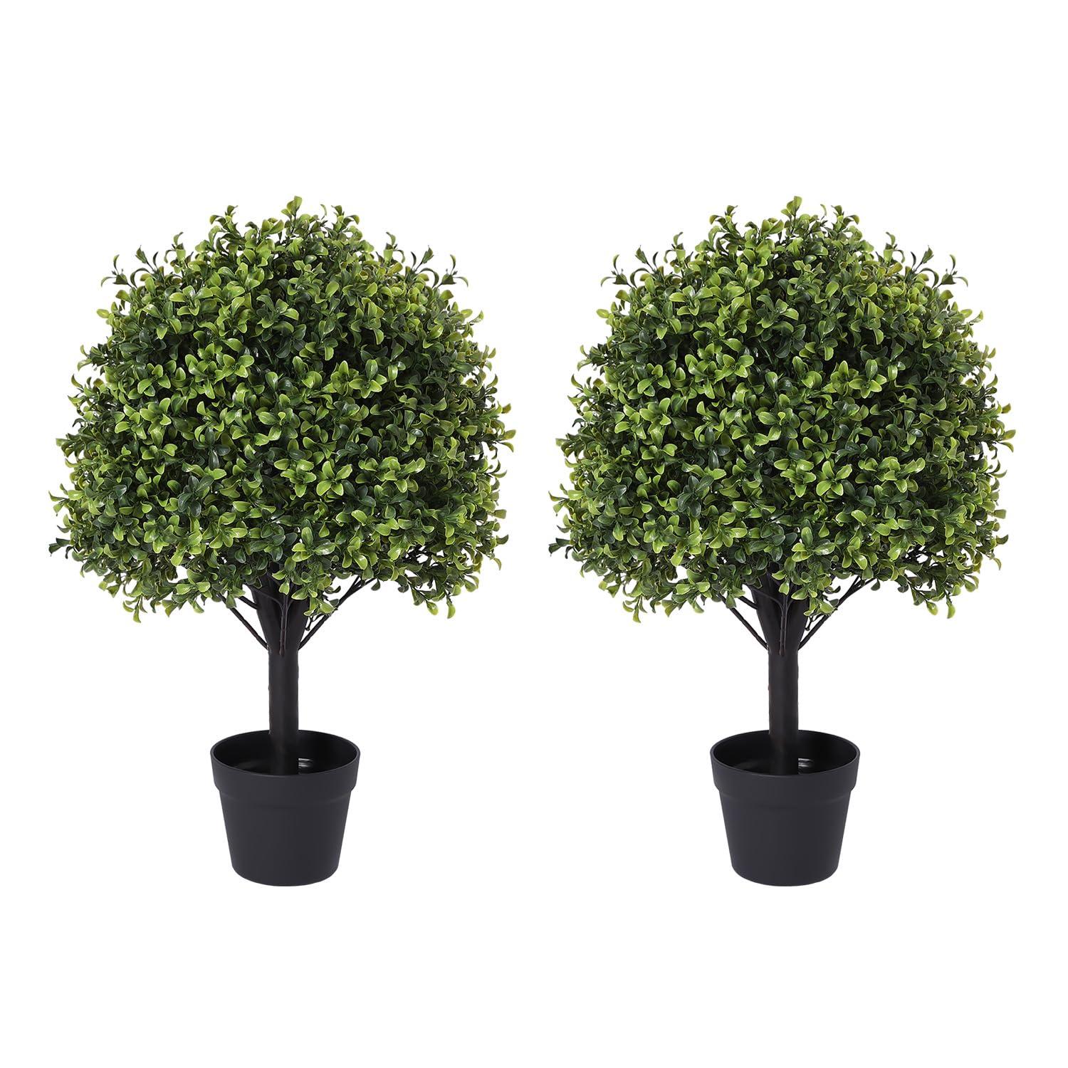 Azoco Azoco 27 Realistic Artificial Topiary Trees Set of 2, Faux Boxwood Plants Outdoor with Cement Planter, UV-Resistant Fake Evergreen Potted Ball Bushes & Shrubs for Front Porch Patio Entryway Decor