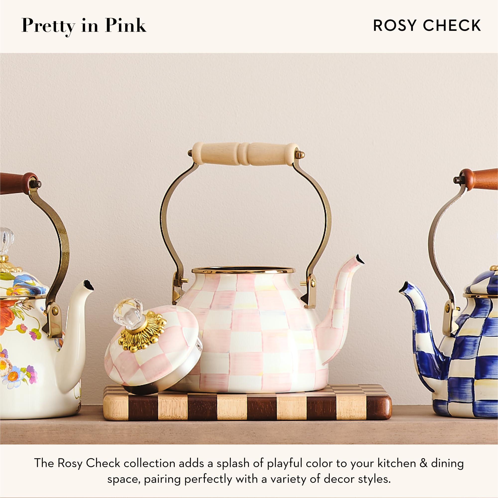 MACKENZIE-CHILDS MACKENZIE-CHILDS Enamel Tea Kettle, Stylish Tea Kettle for Stovetop, Pink-and-White Rosy Check, 2 Quarts