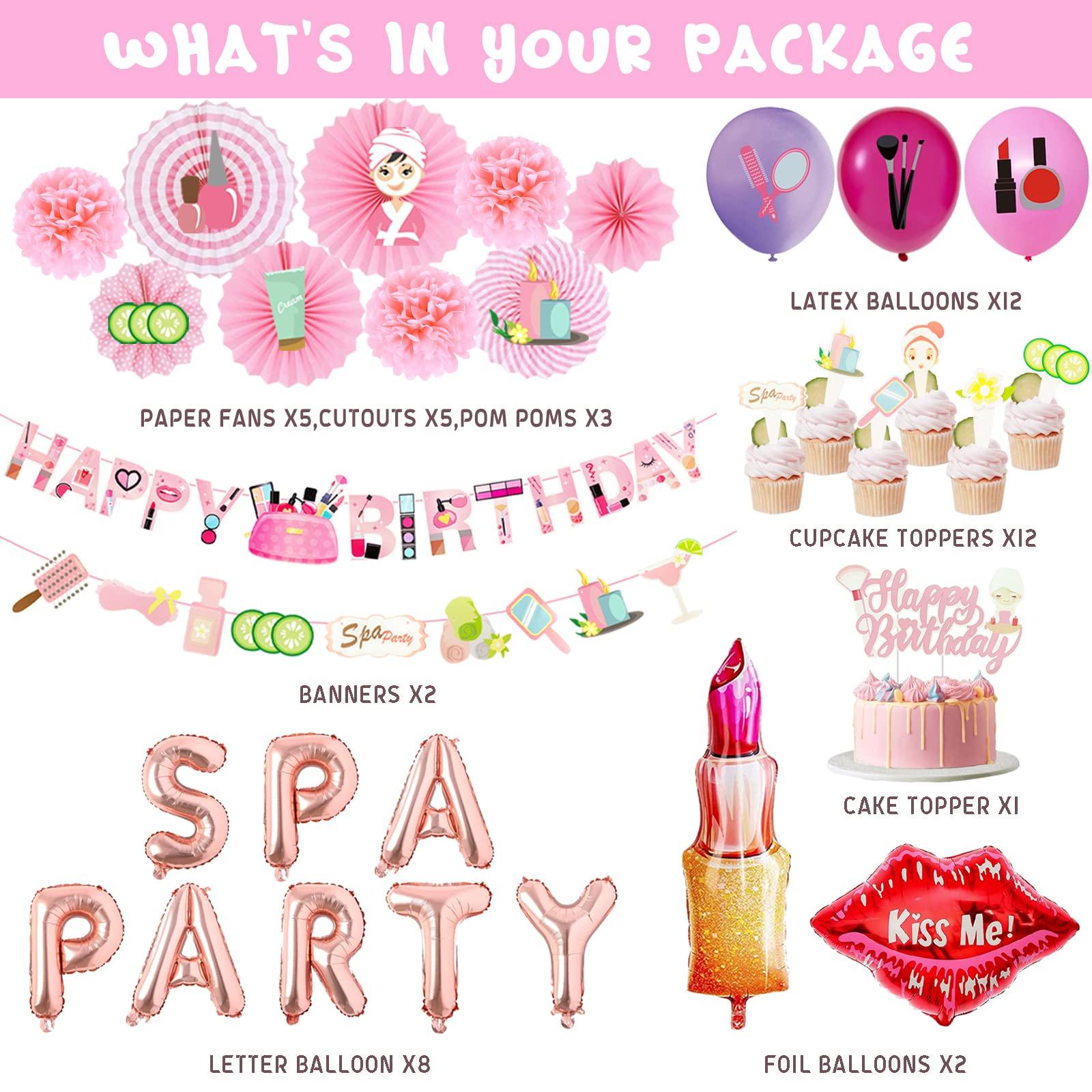 Hombae Hombae Spa Party Supplies for Girls, Spa Makeup Birthday Party Decorations Pink Spa Day Salon Themed Lipstick Cosmetics Fan Cutout Pom Happy Birthday Banner Balloon Cake Cupcake Topper